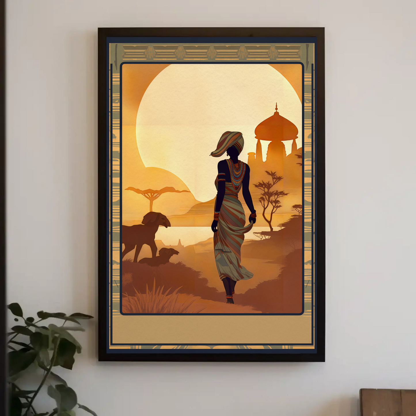 African Woman Wildlife Sunset Silhouette Travel Poster