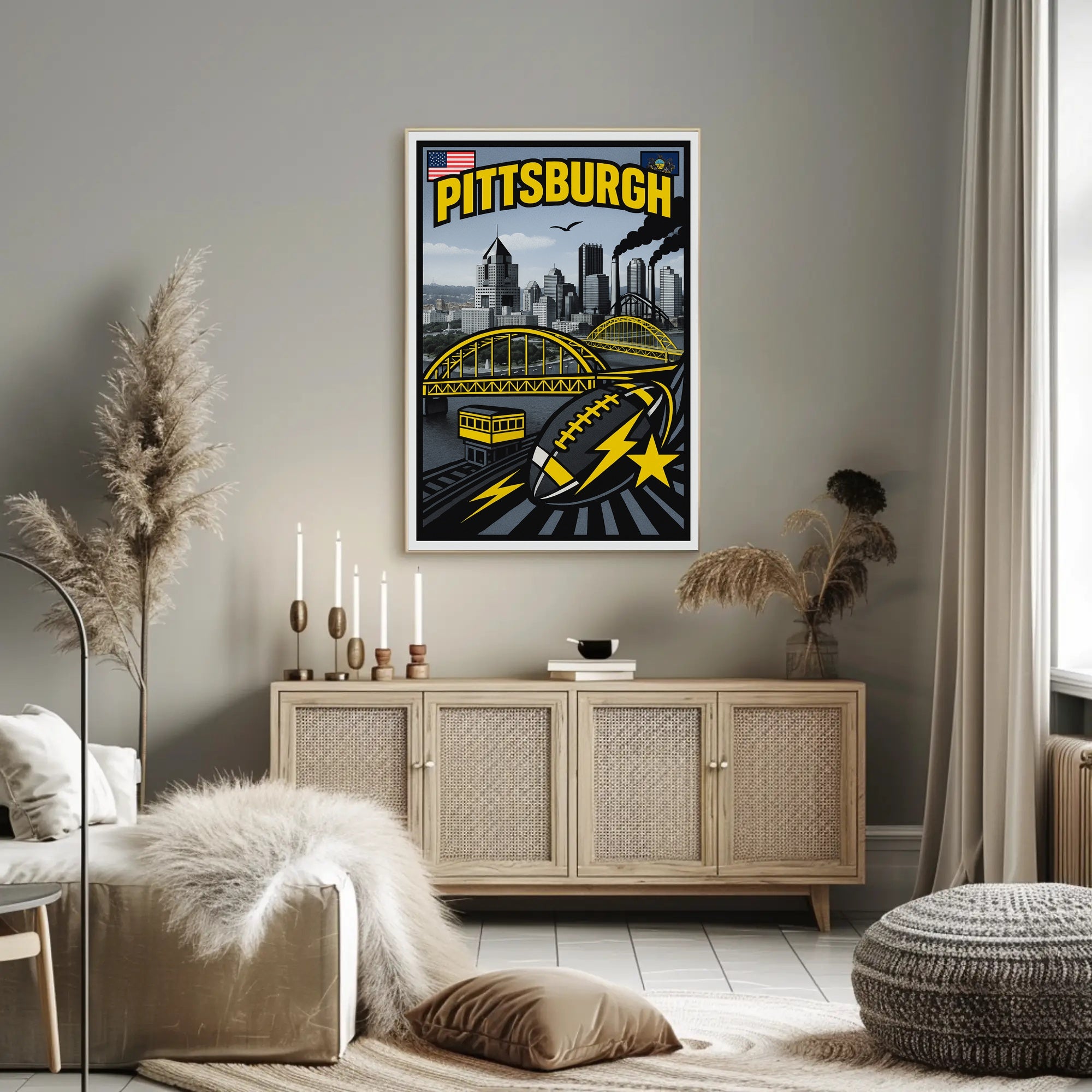 Pittsburgh Skyline and Symbols Poster PosterGoat