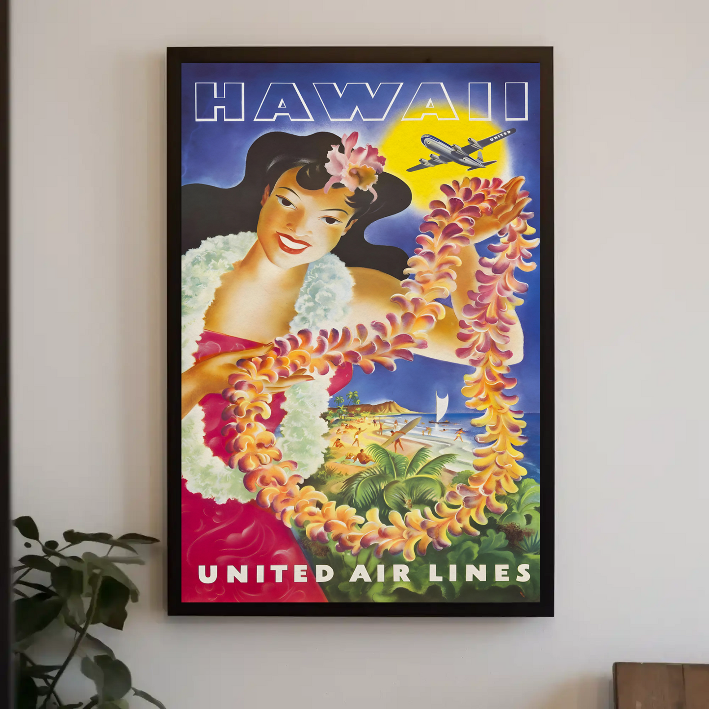 Hawaii United Airlines Lei Woman Beach Travel Poster