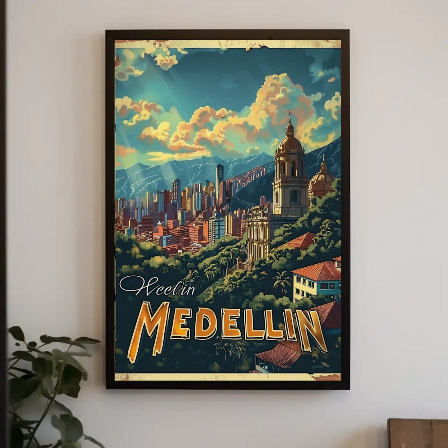 Medellin Cathedral City Skyline Colombian Landscape Travel Poster