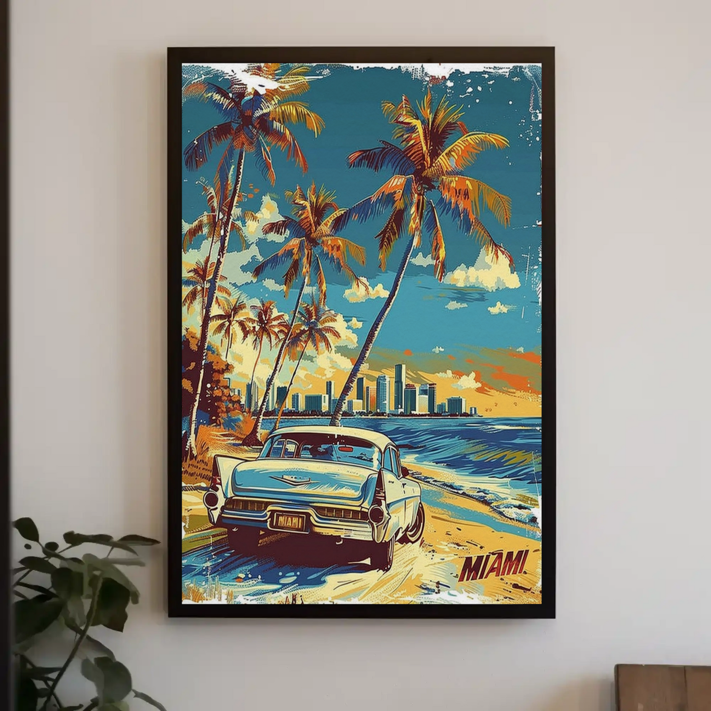 Miami Classic Car Palm Trees Beach Scene Travel Poster Travel Poster
