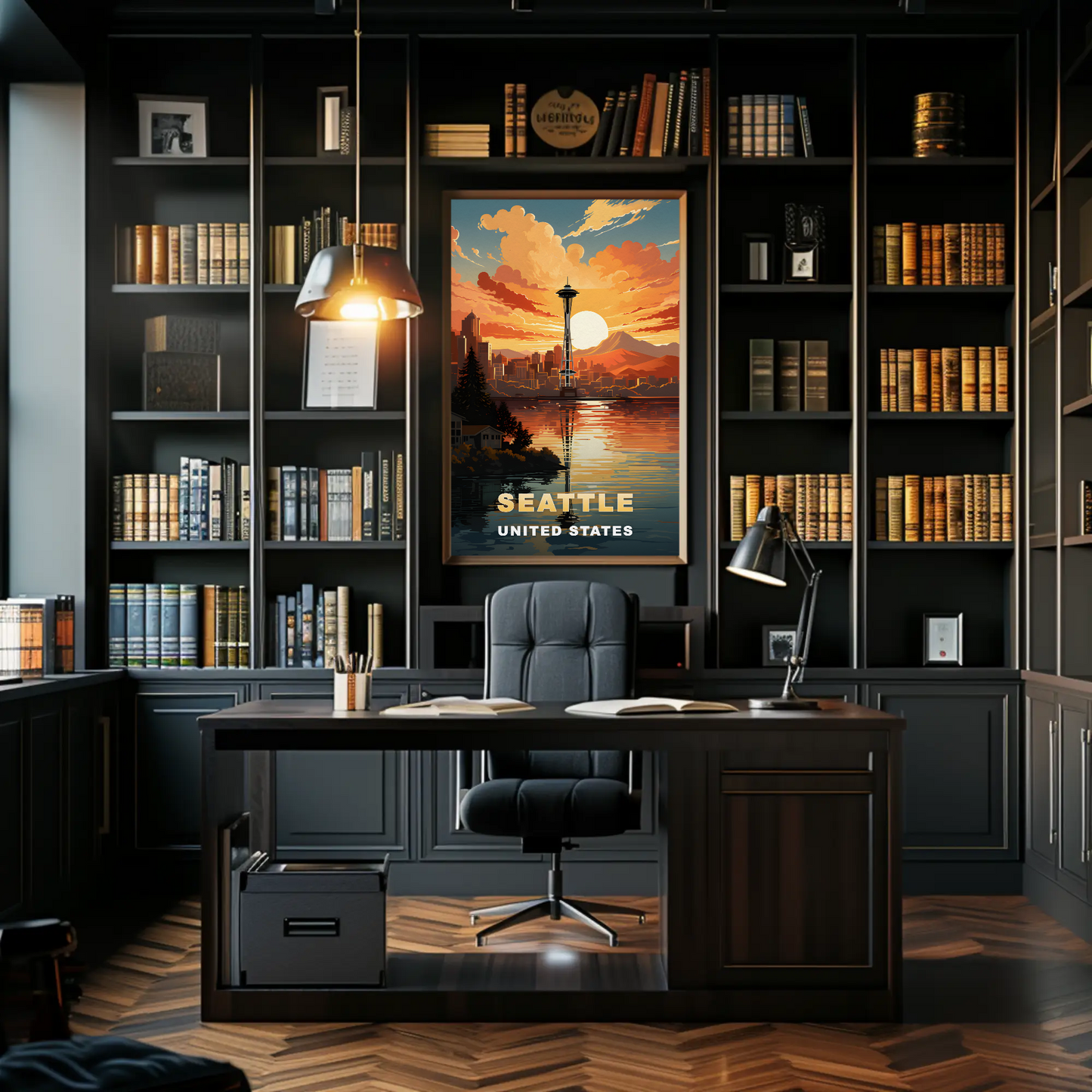 Seattle Washington Space Needle Sunset Vintage Travel Poster