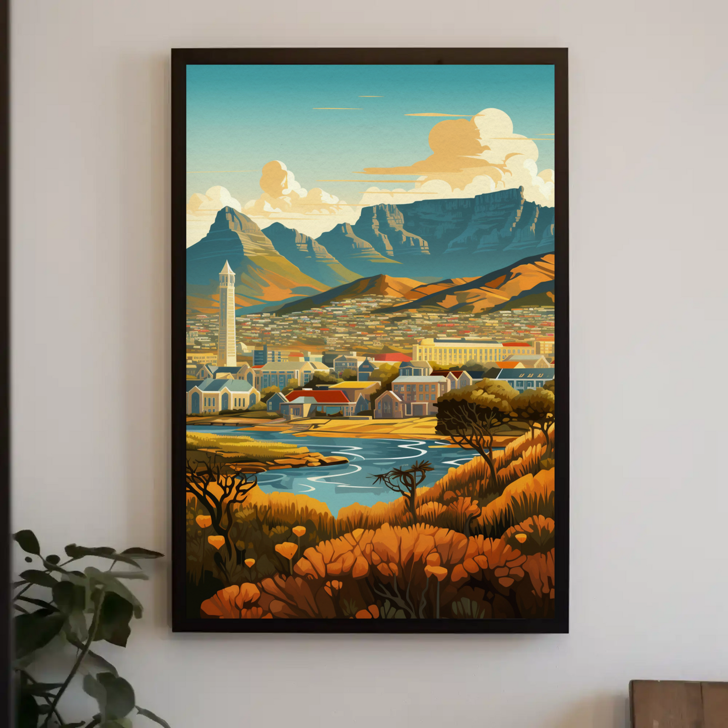 Cape Town Golden Hillside River Valley Mountains Travel Poster