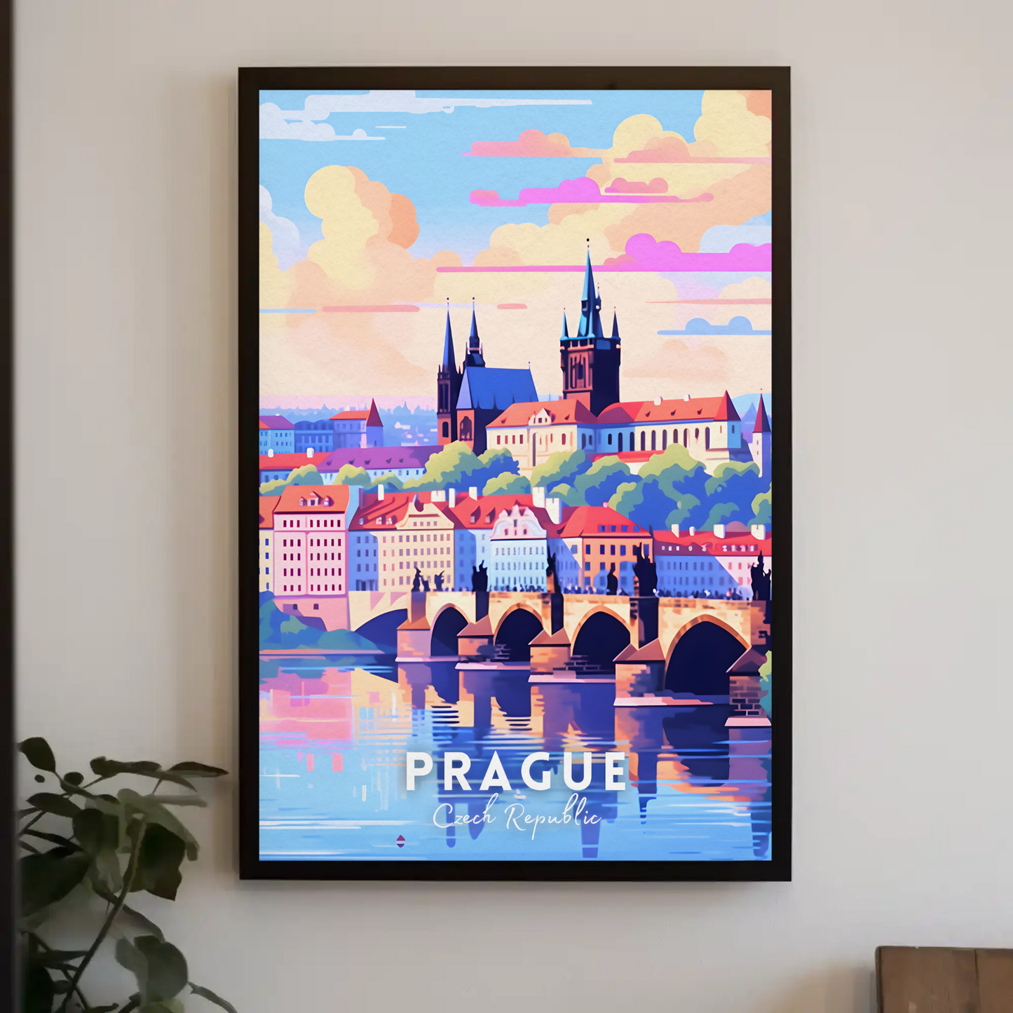 Prague City Bridge Sunset Travel Poster