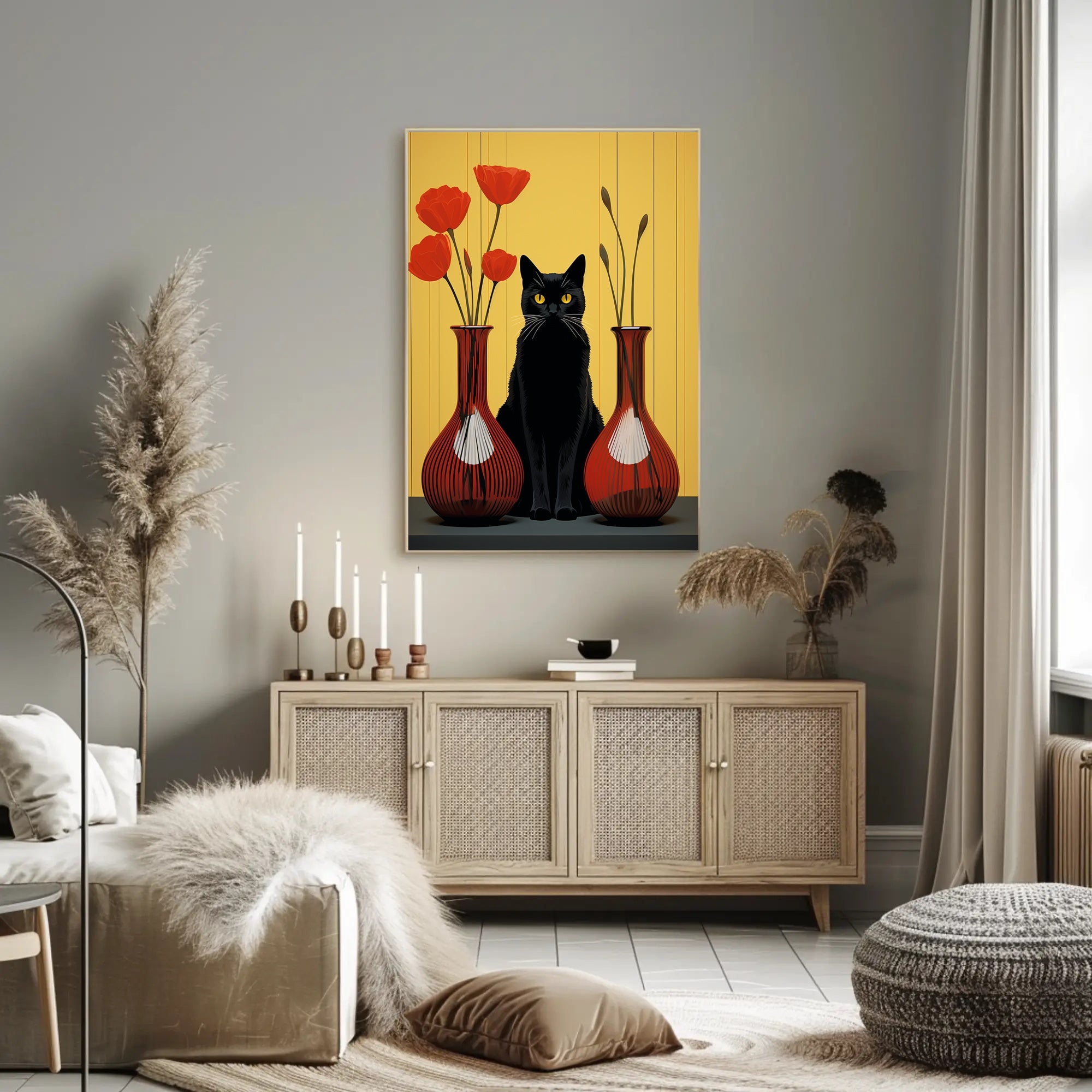 Black Cat And Red Vases Poster