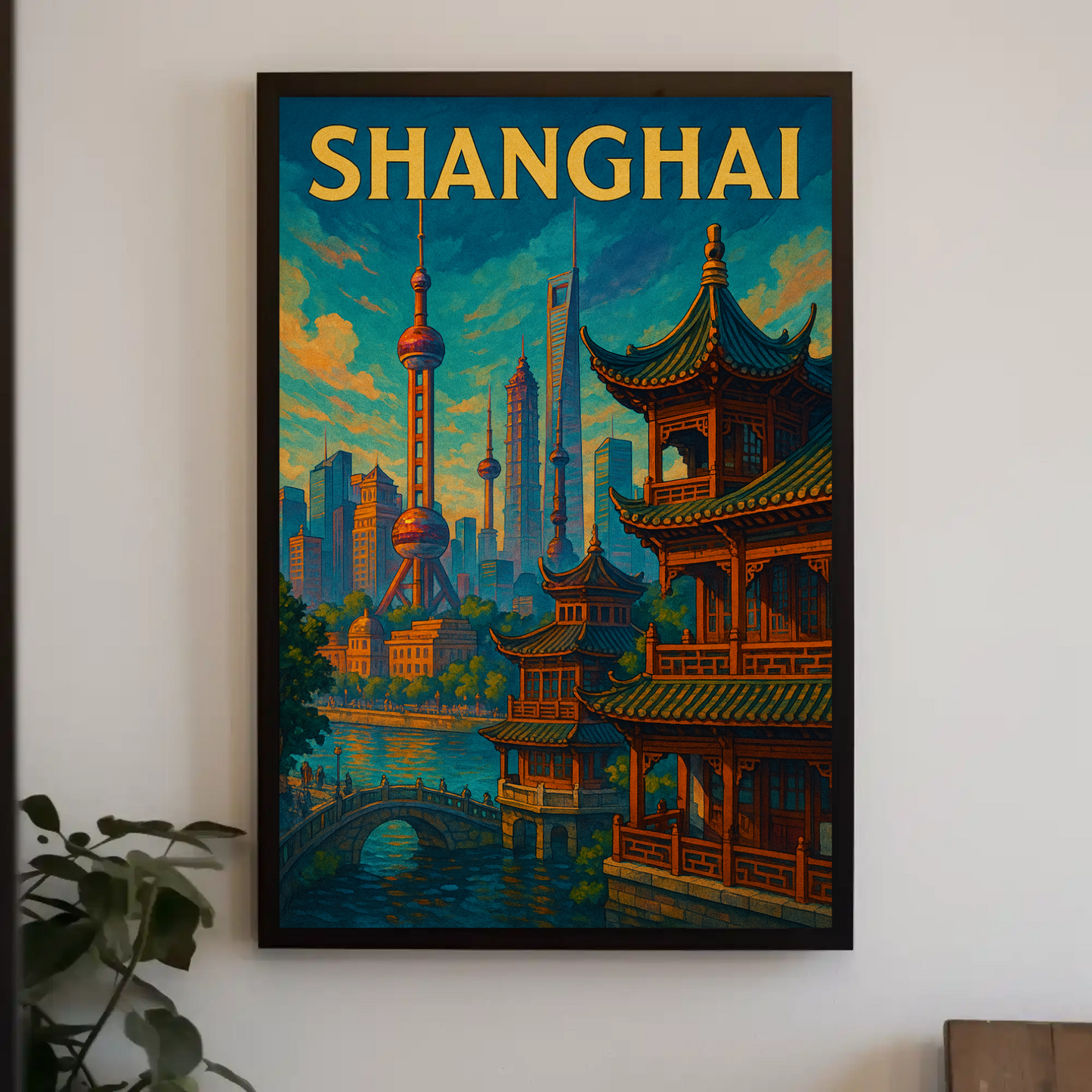 Shanghai Skyline River Pagoda Travel Poster