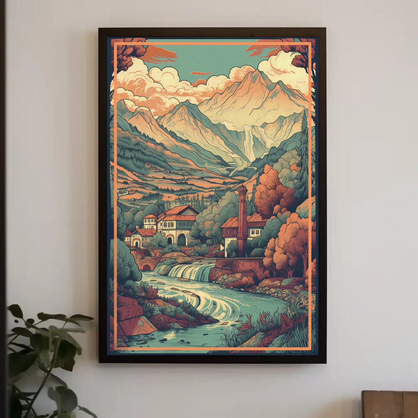 Alpine Village Waterfall And Peaks Travel Poster