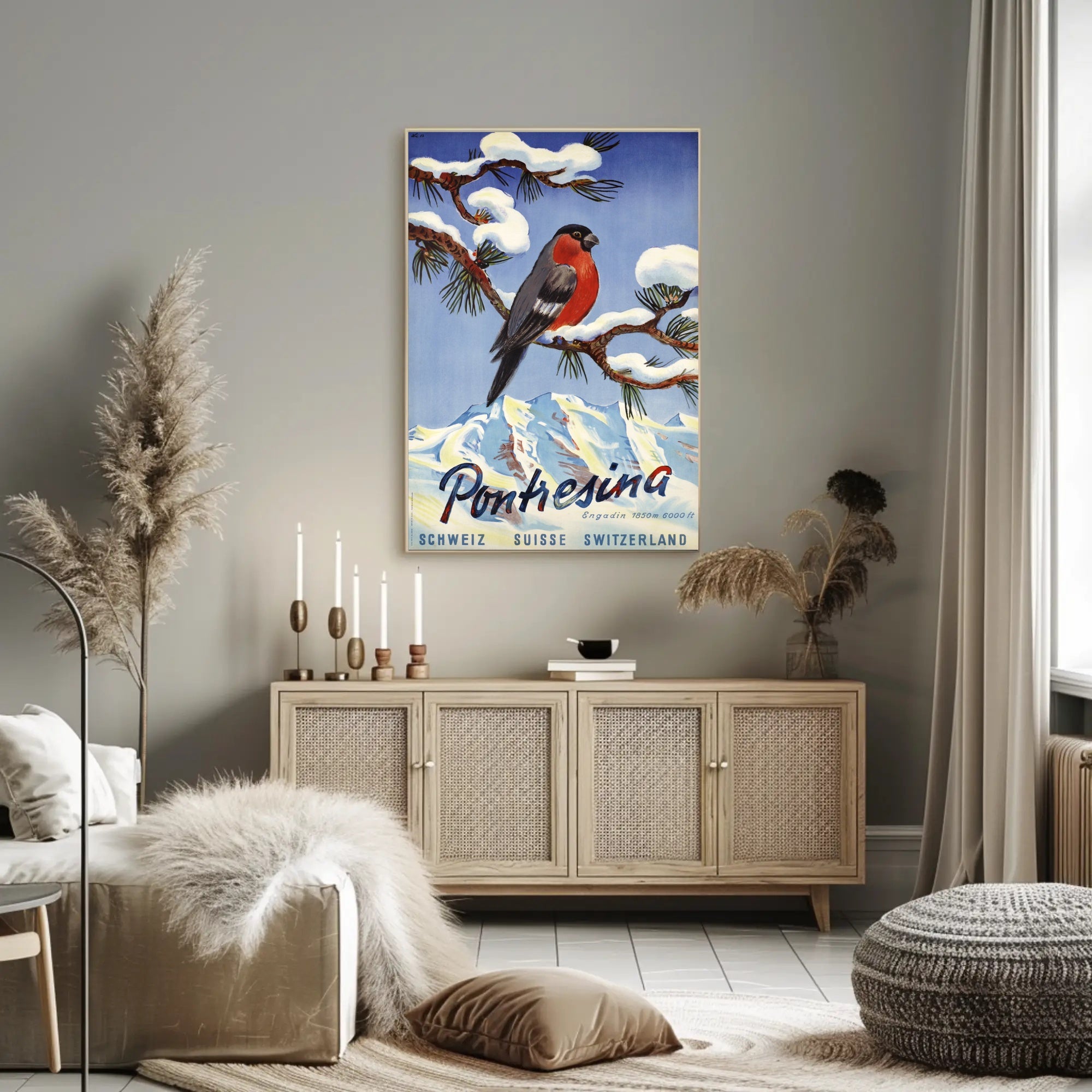 Vibrant Bullfinch Snowy Swiss Landscape Travel Poster PosterGoat