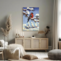 Vibrant Bullfinch Snowy Swiss Landscape Travel Poster PosterGoat