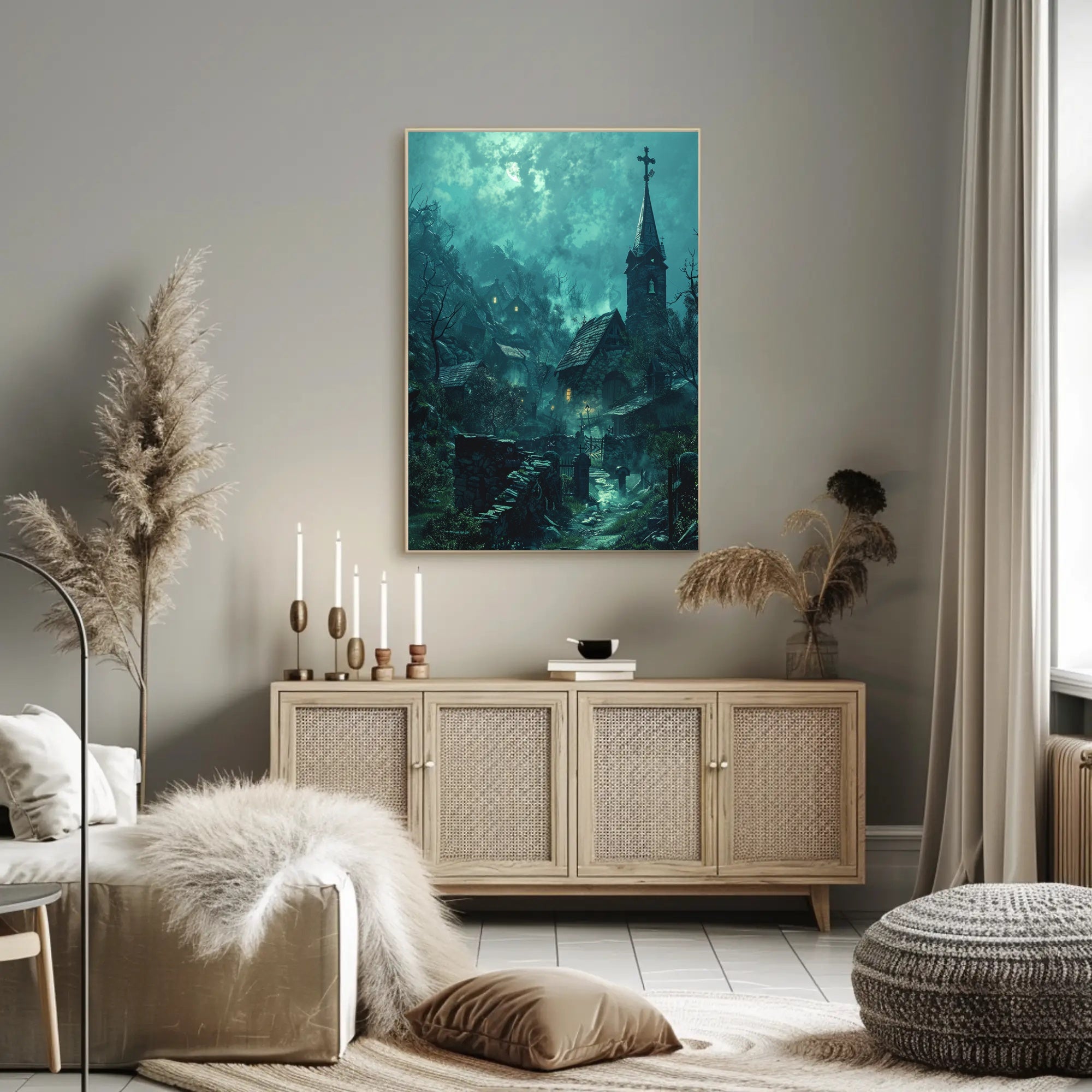Mysterious Gothic Village Poster with Moonlit Atmosphere PosterGoat