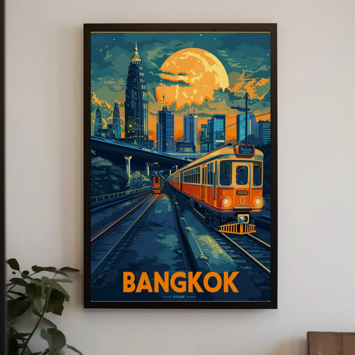 Bangkok Skyline Train Moonlight Glow Travel Poster