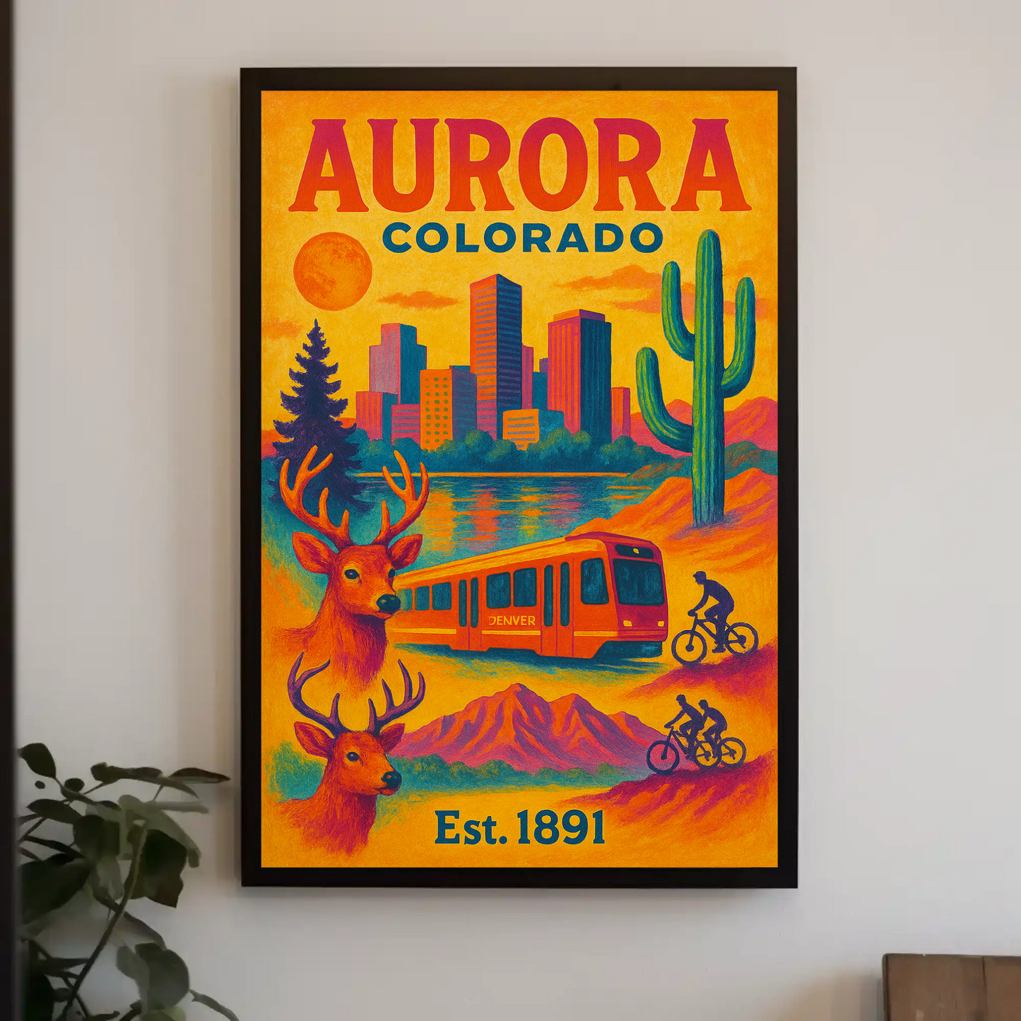 Aurora Colorado Mountains City Train Wildlife Cactus Travel Poster