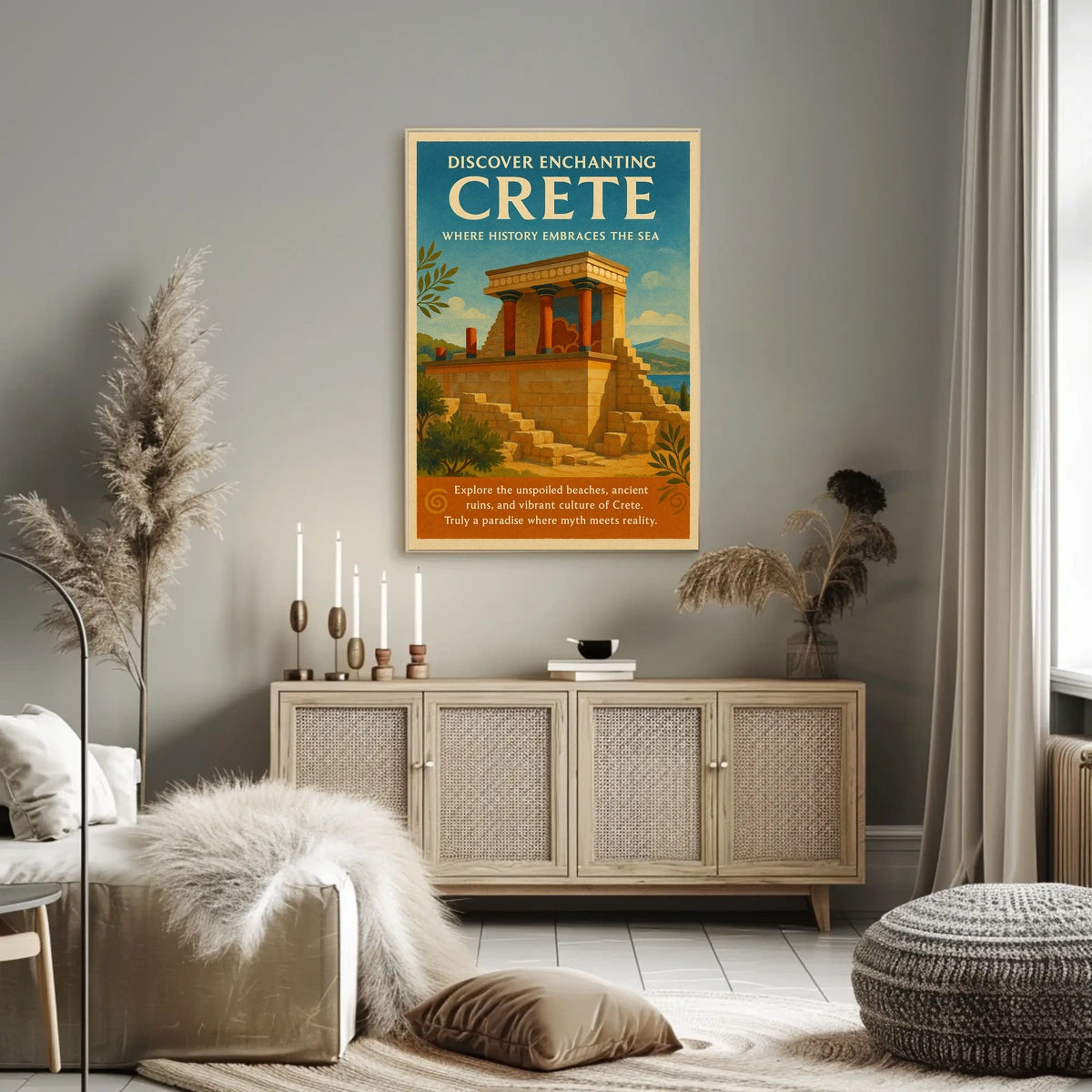 Crete Ancient Ruins Vintage Illustration Travel Poster