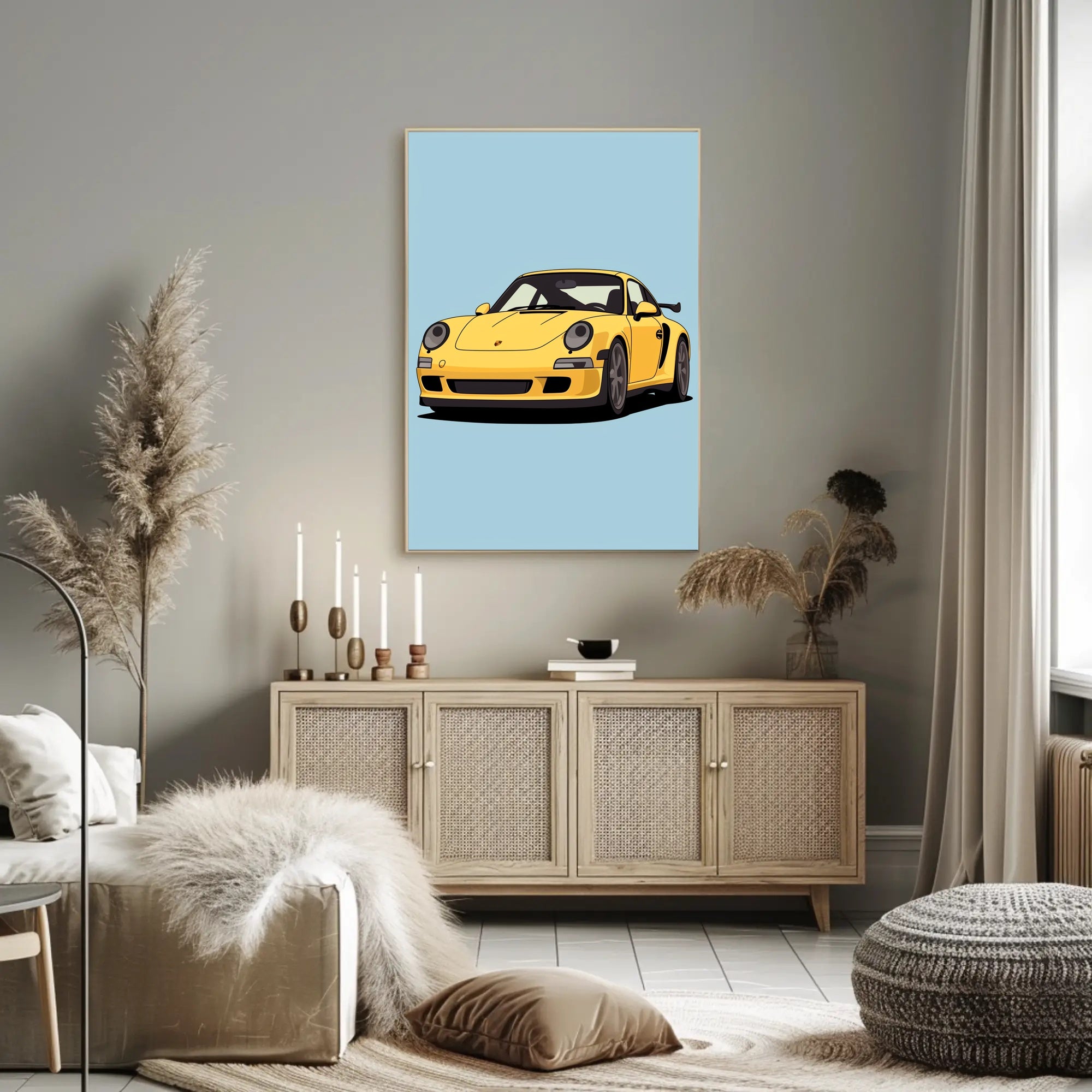 Yellow Sports Car Illustration Poster PosterGoat