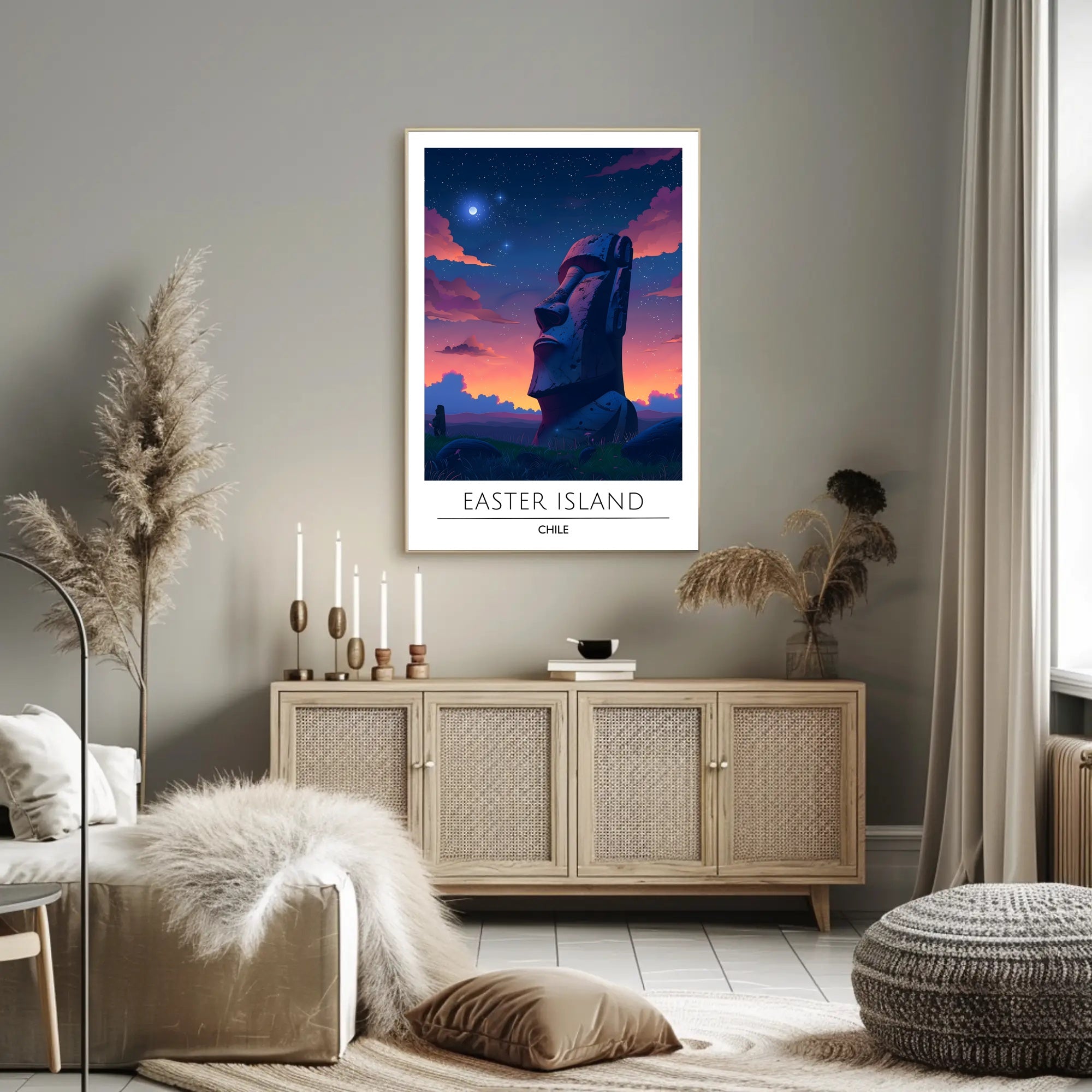 Easter Island Moai Under Starry Night Travel Poster