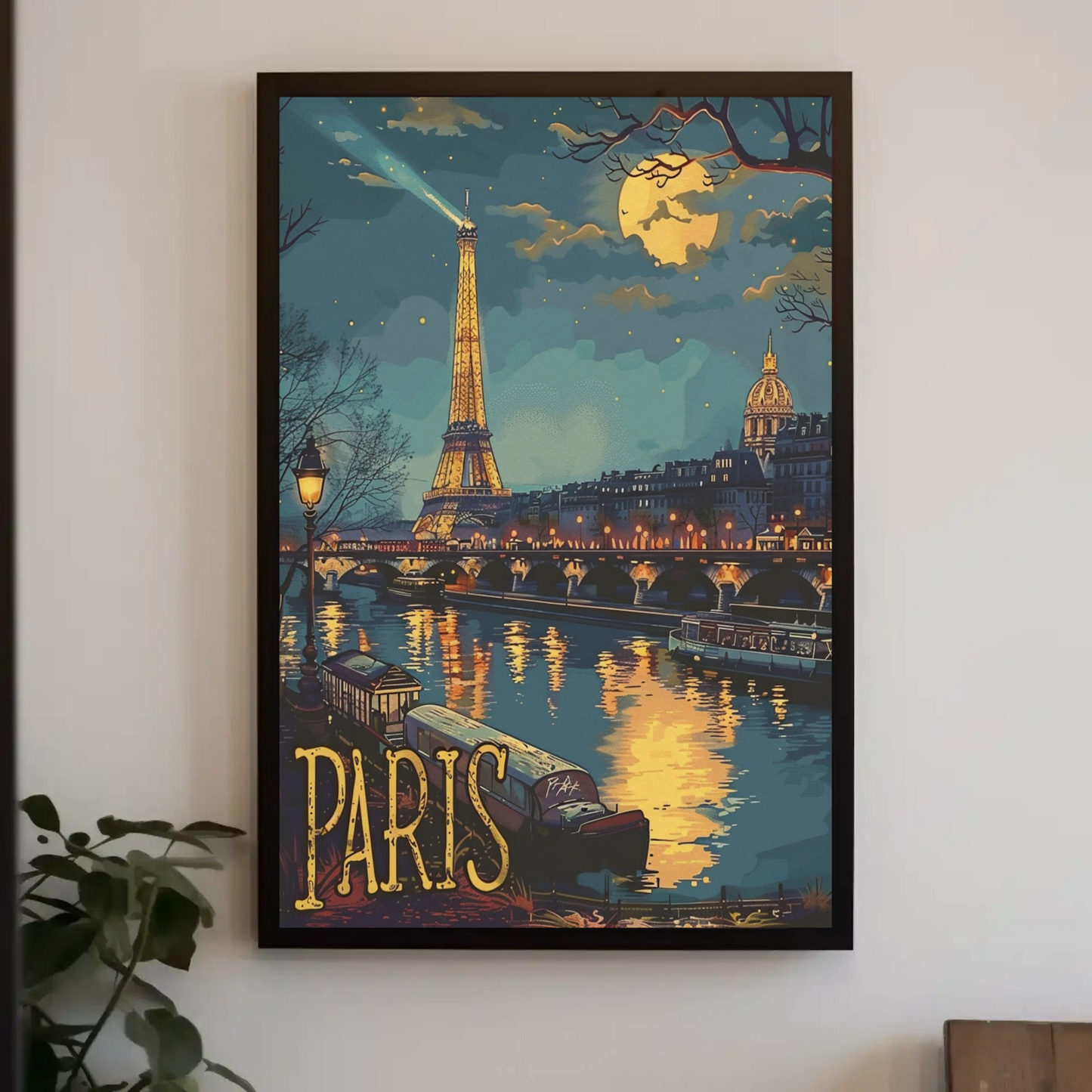 Paris Eiffel Tower Night Lights River Travel Poster