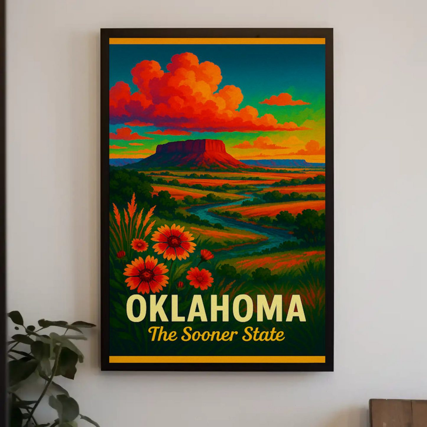 Oklahoma Sooner State Wildflowers Sunset Prairie Travel Poster