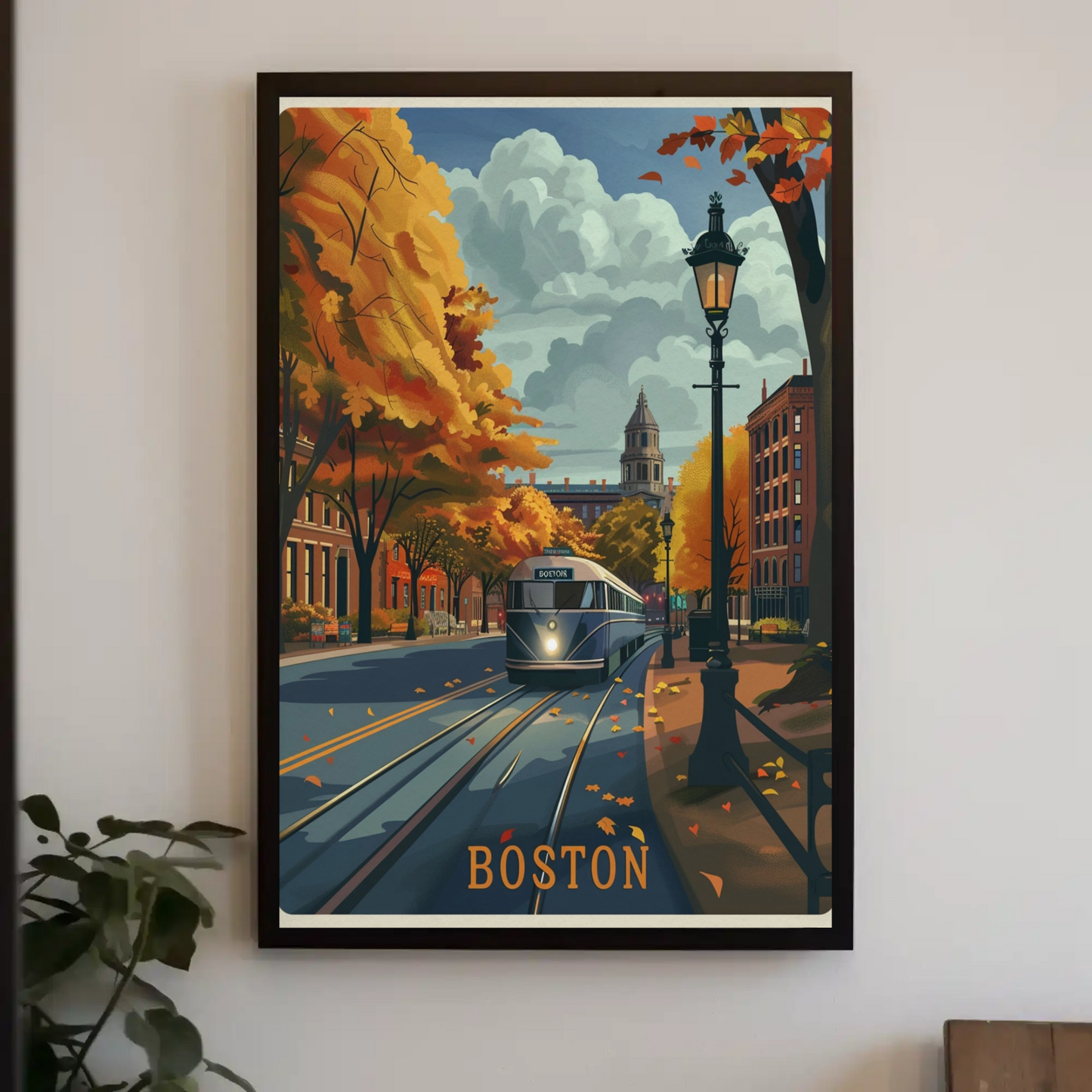 Boston Autumn Streetcar Leaves Trees Travel Poster