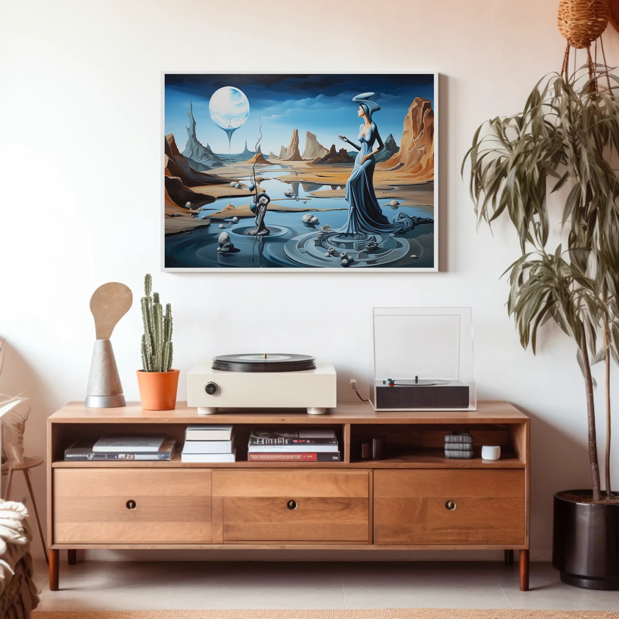 Surreal Dreamscape Poster with Ethereal Moon-Lit Desert Scene