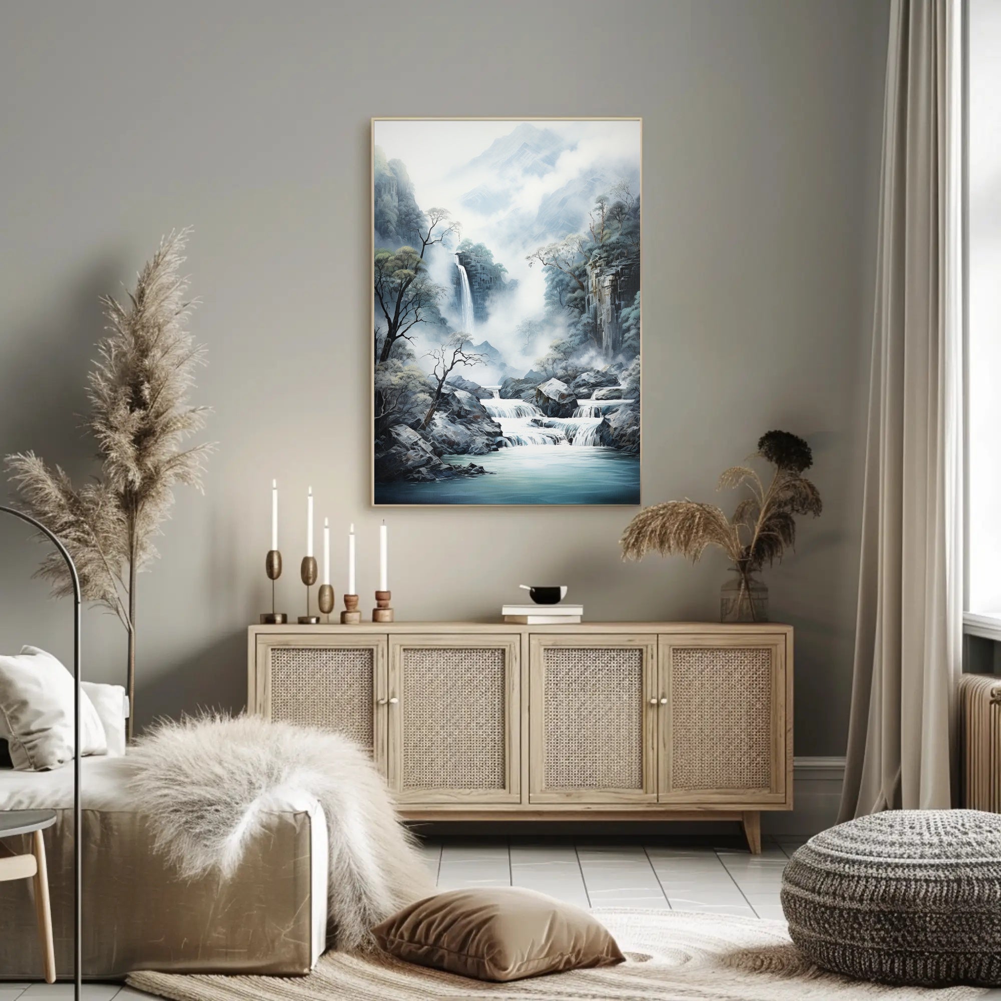 Tranquil Waterfall In Misty Mountains Poster