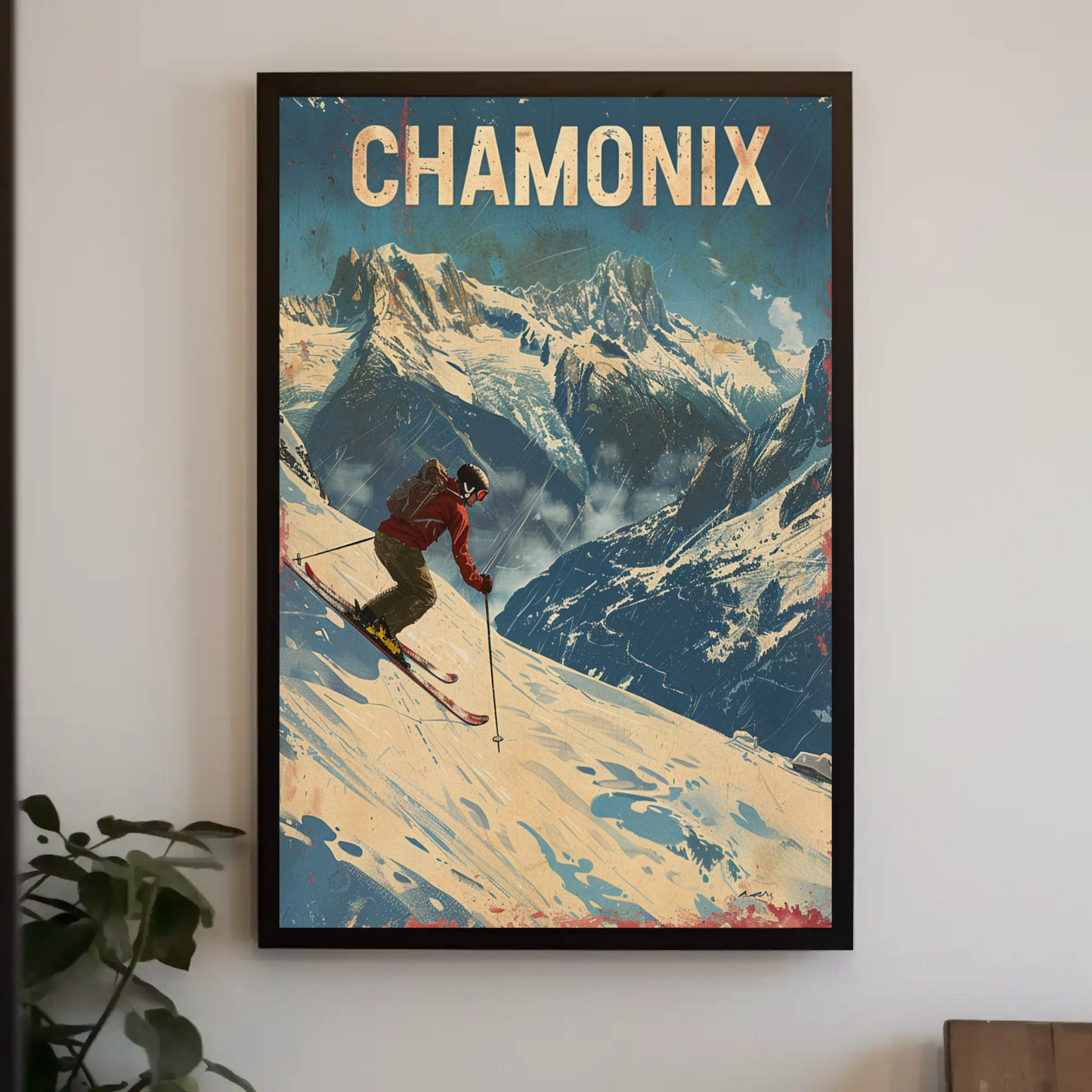 Chamonix France Skier Mountain Slope Adventure Alps Travel Poster