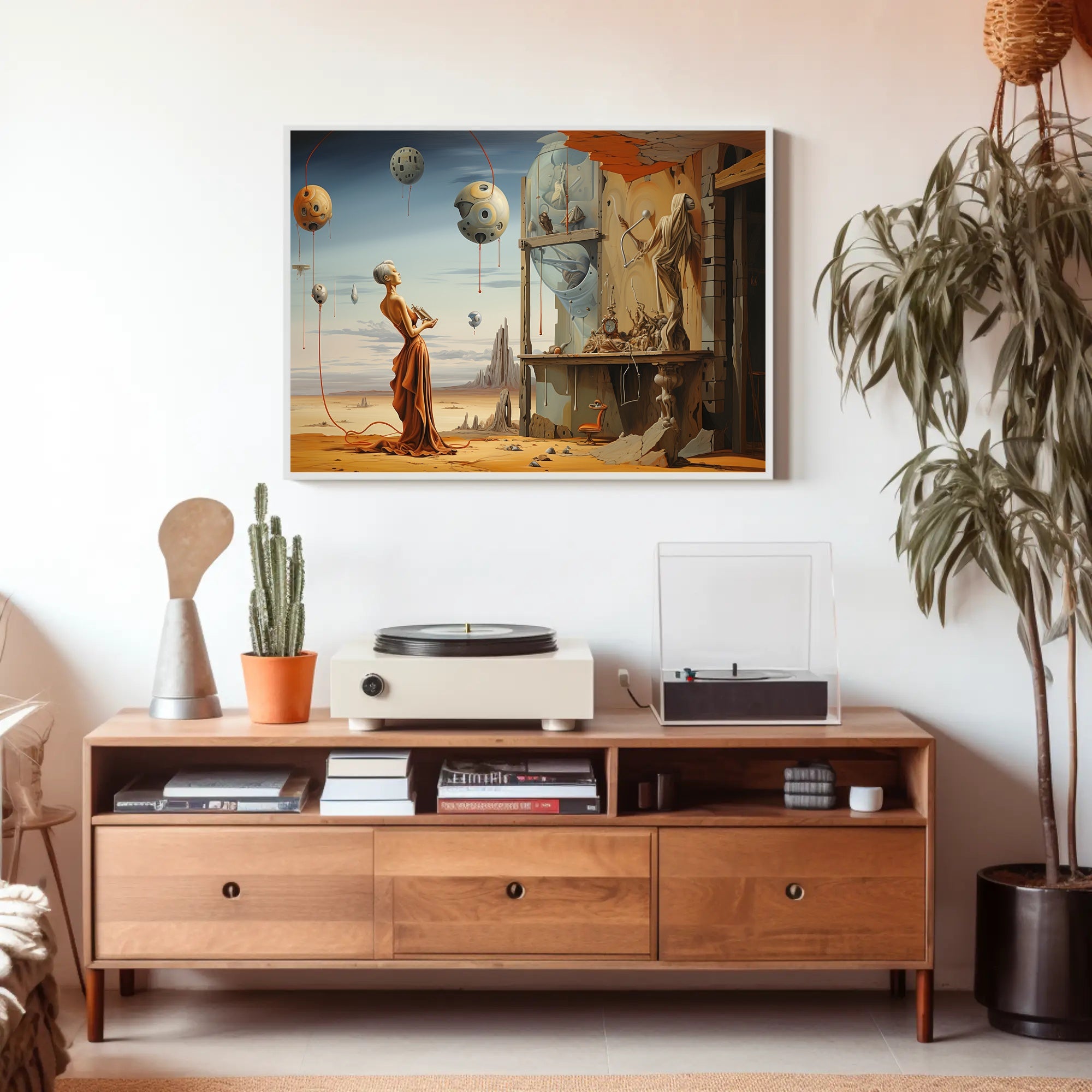 Surreal Desertscape with Futuristic Figure: Artistic Poster