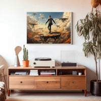 Surreal Suit Man on Broken Platforms Artistic Poster