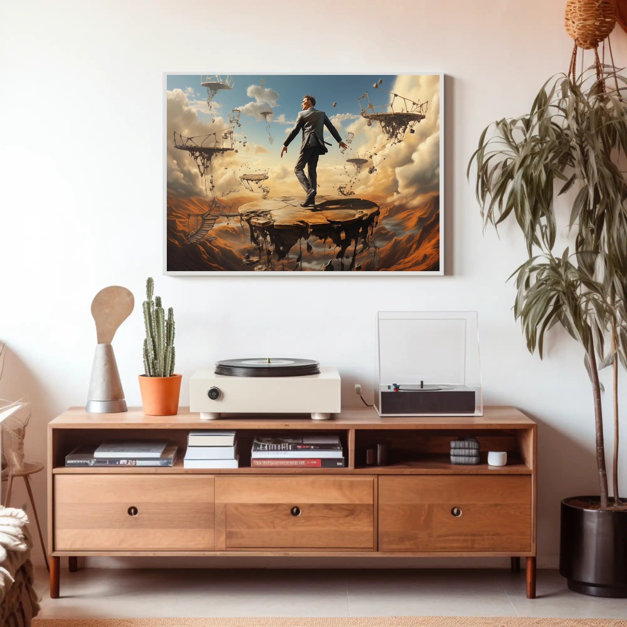 Surreal Suit Man on Broken Platforms Artistic Poster