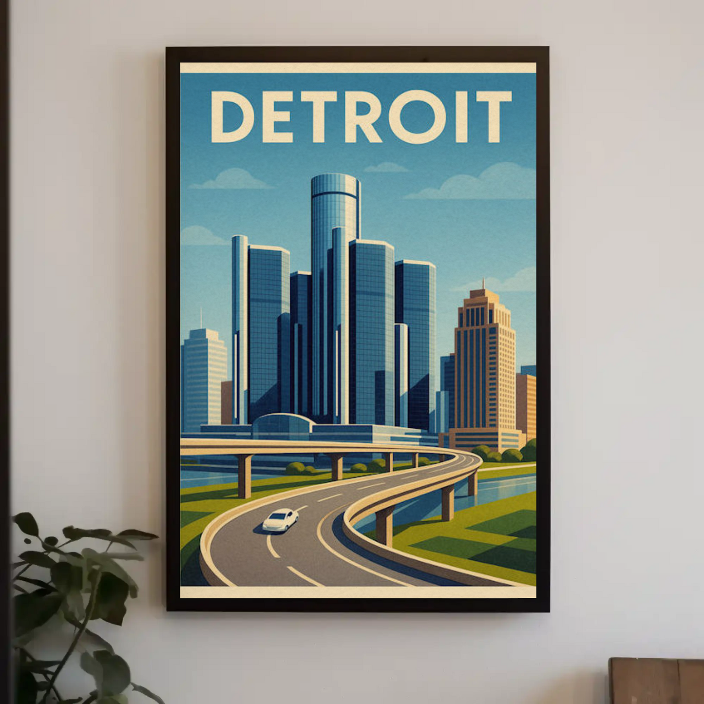 Detroit Highway View Modern Skyline Travel Poster