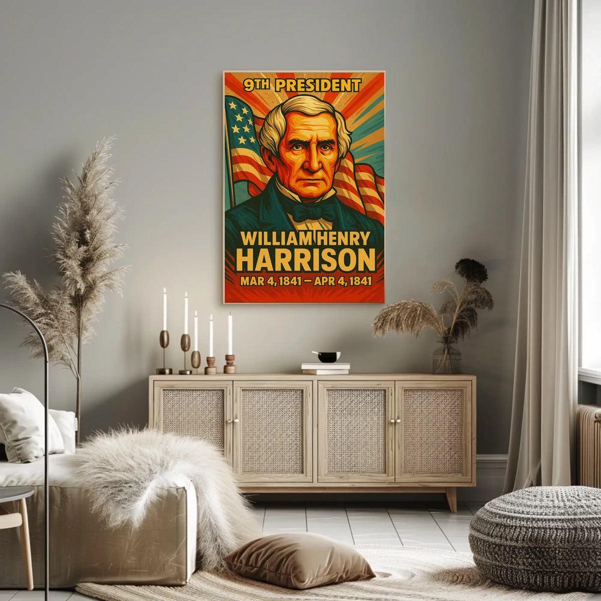 William Henry Harrison 9th President of the United States Colorful Comic Book Style Poster