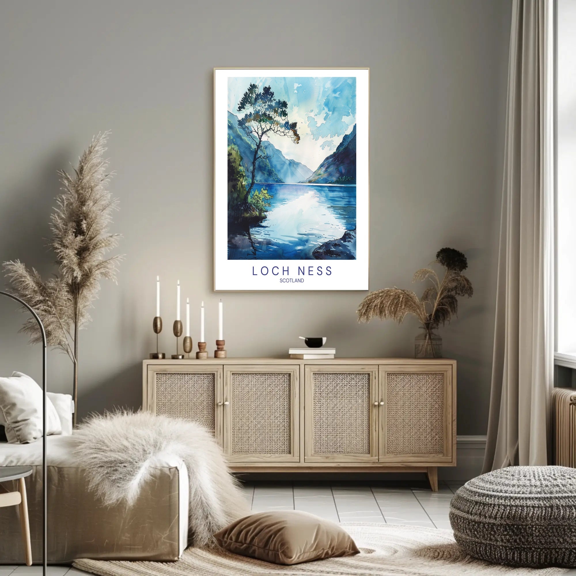 Serene Loch Ness Watercolor Landscape Travel Poster PosterGoat