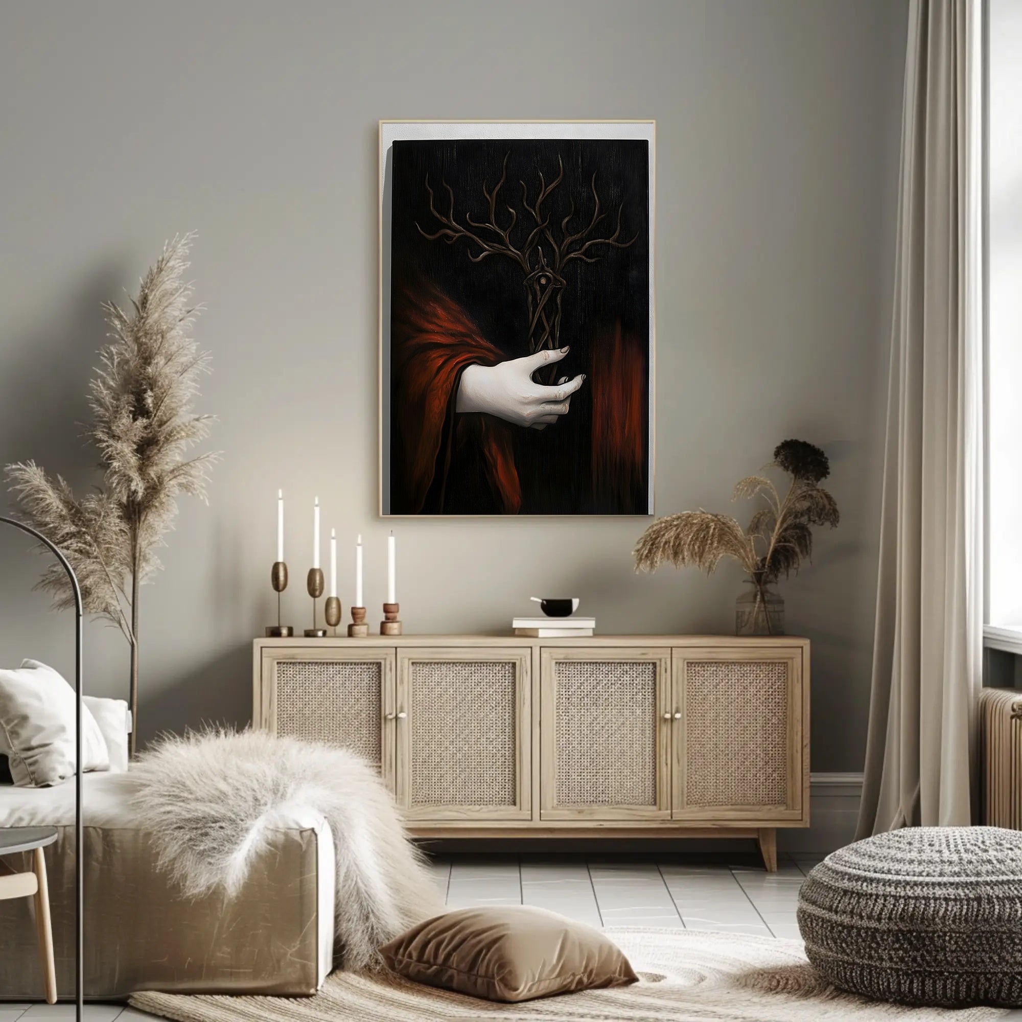 Surreal Hand Art with Red Fabric Abstract or Artistic Poster PosterGoat