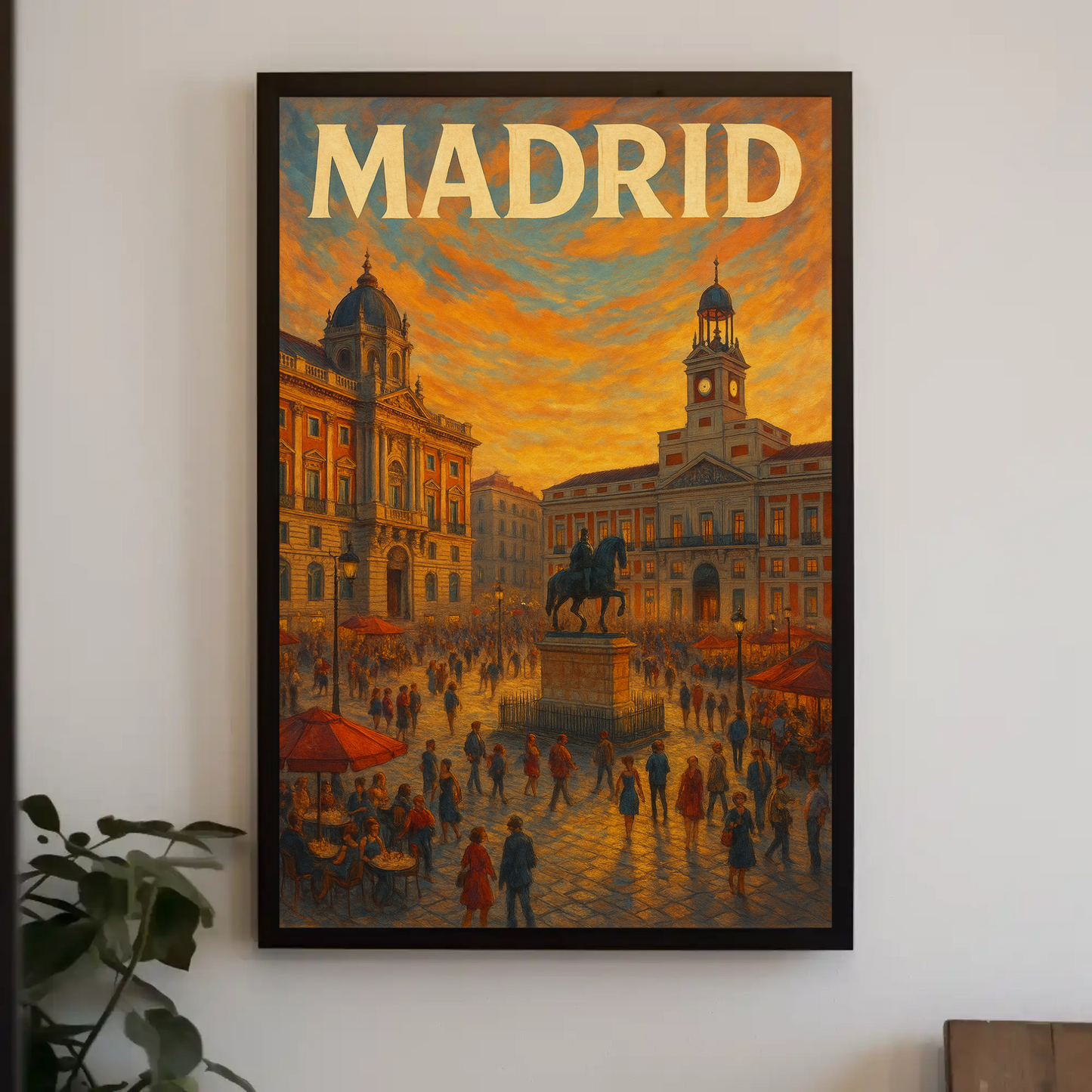 Madrid Plaza Evening Lights Travel Poster