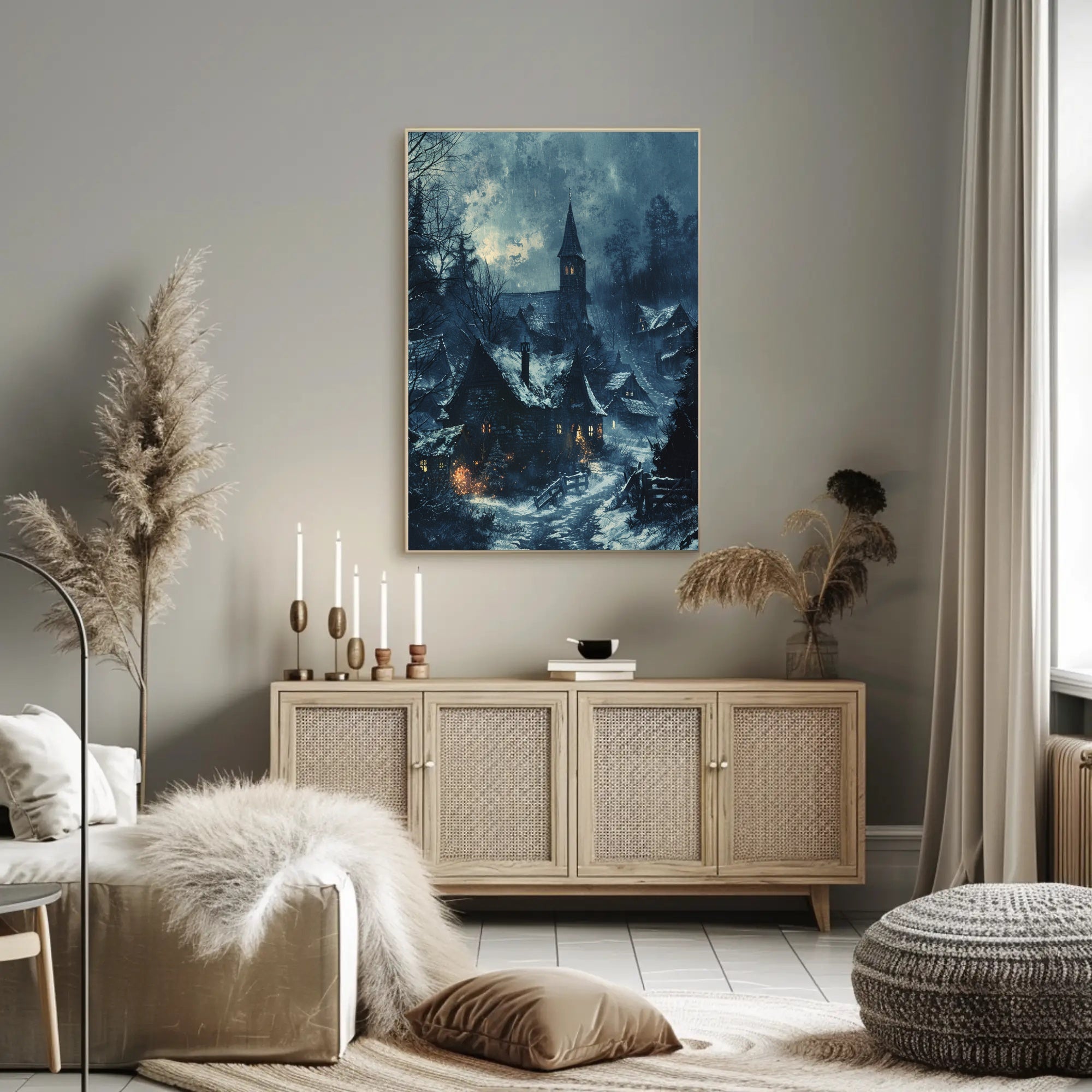 Mysterious Medieval Village Winter Scene Gothic Poster PosterGoat