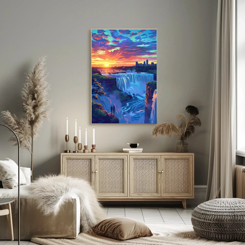 Majestic Waterfall Sunset with City Skyline Poster