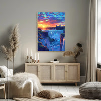 Majestic Waterfall Sunset with City Skyline Poster