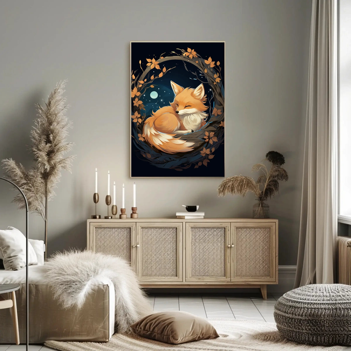 Moonlit Serenity Fox Autumn Leaves Digital Painting Poster