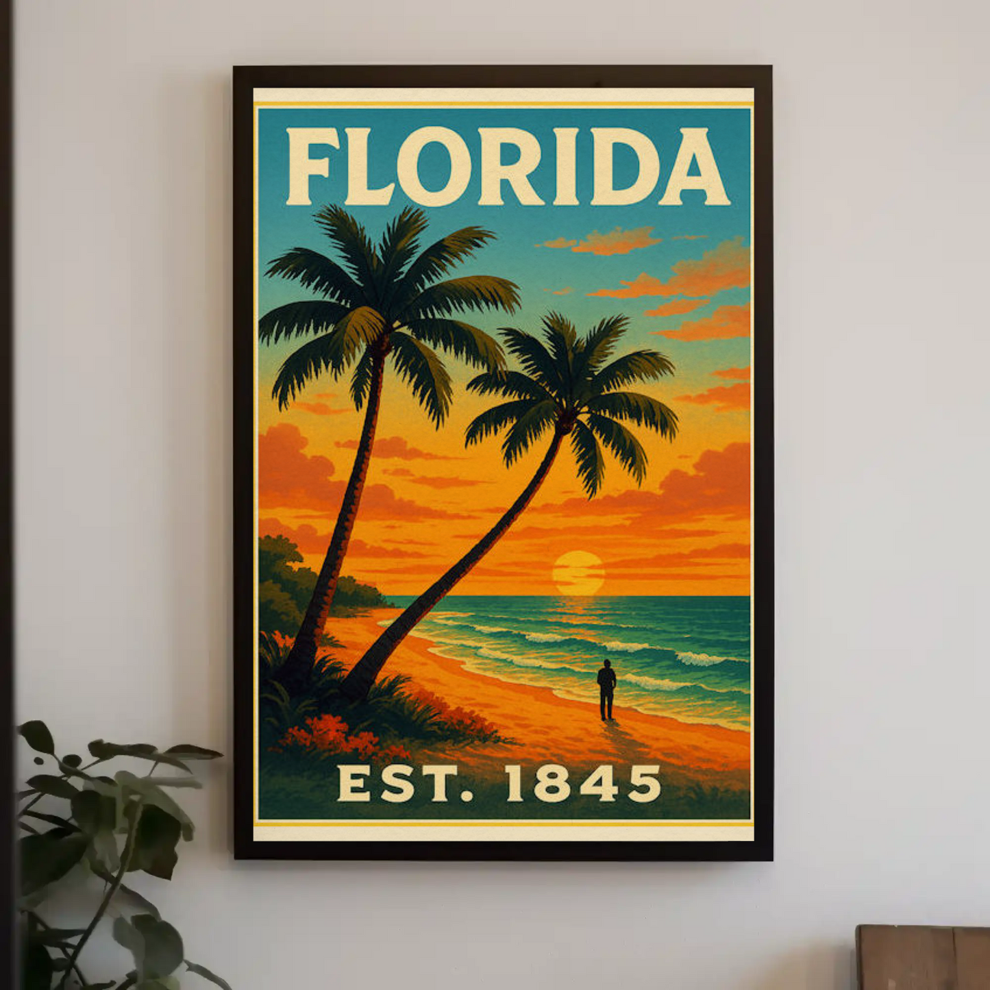 Florida Sunset Beach Walk Palms Horizon Travel Poster