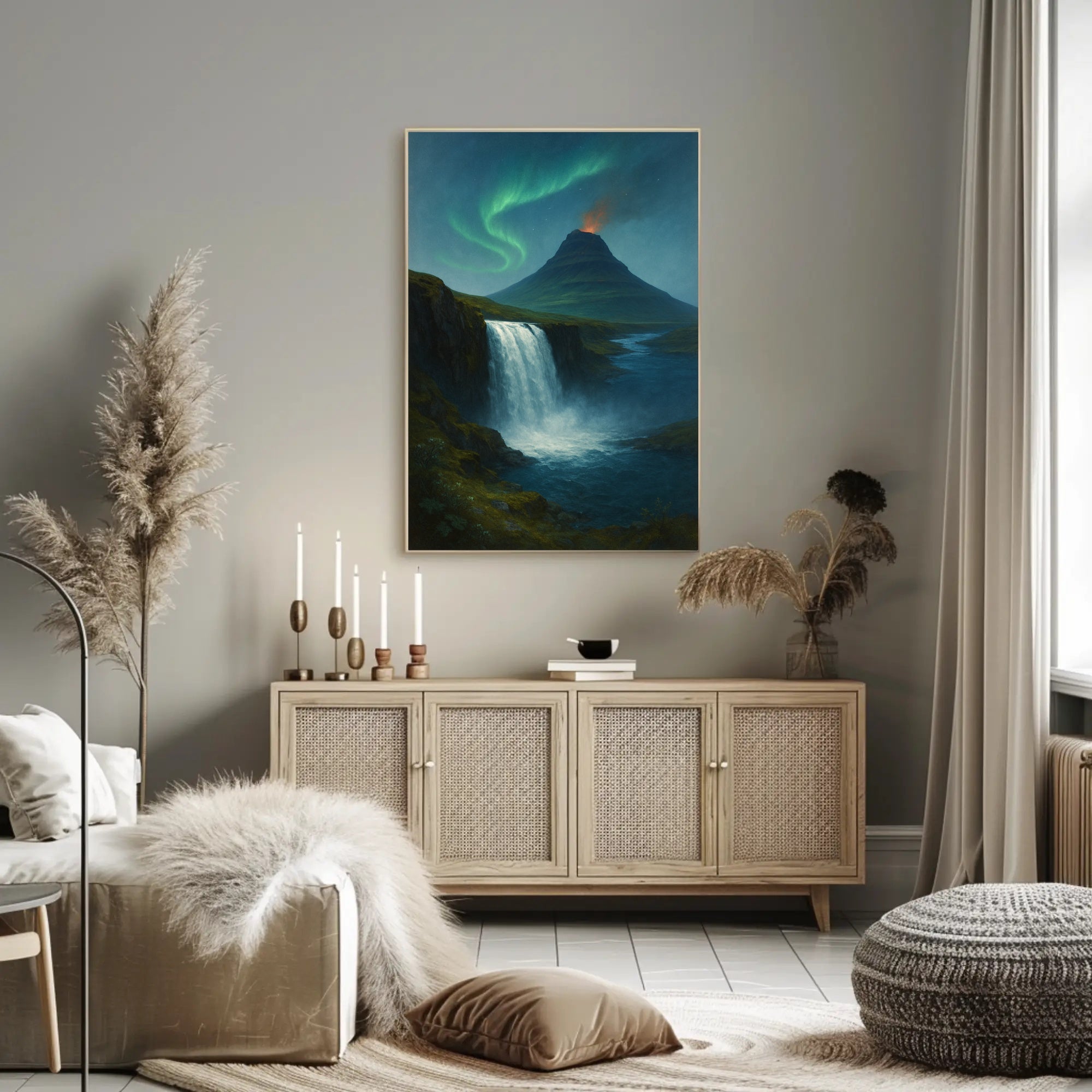 Icelandic Waterfall Under Aurora Borealis National Park Poster