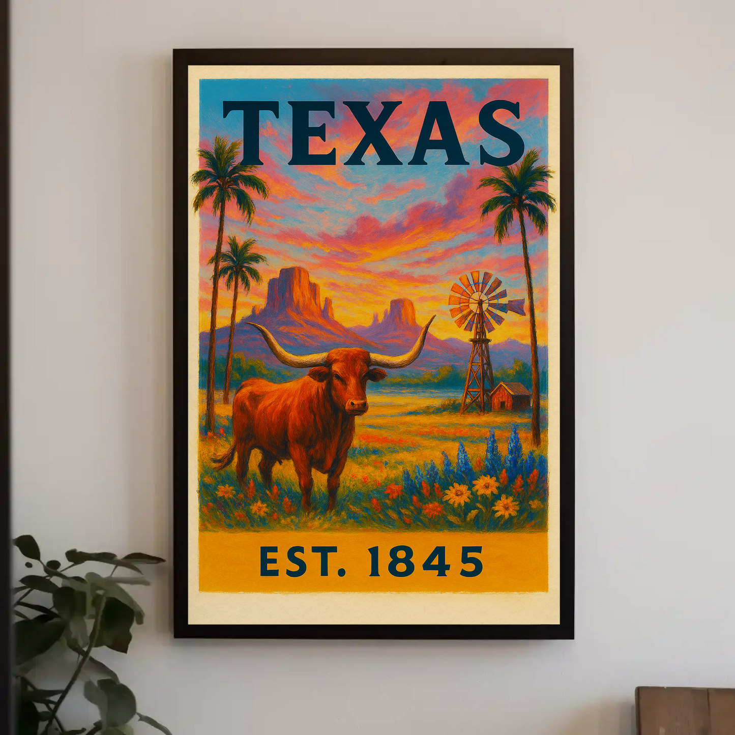Texas Sunset Longhorn Windmill Landscape Travel Poster