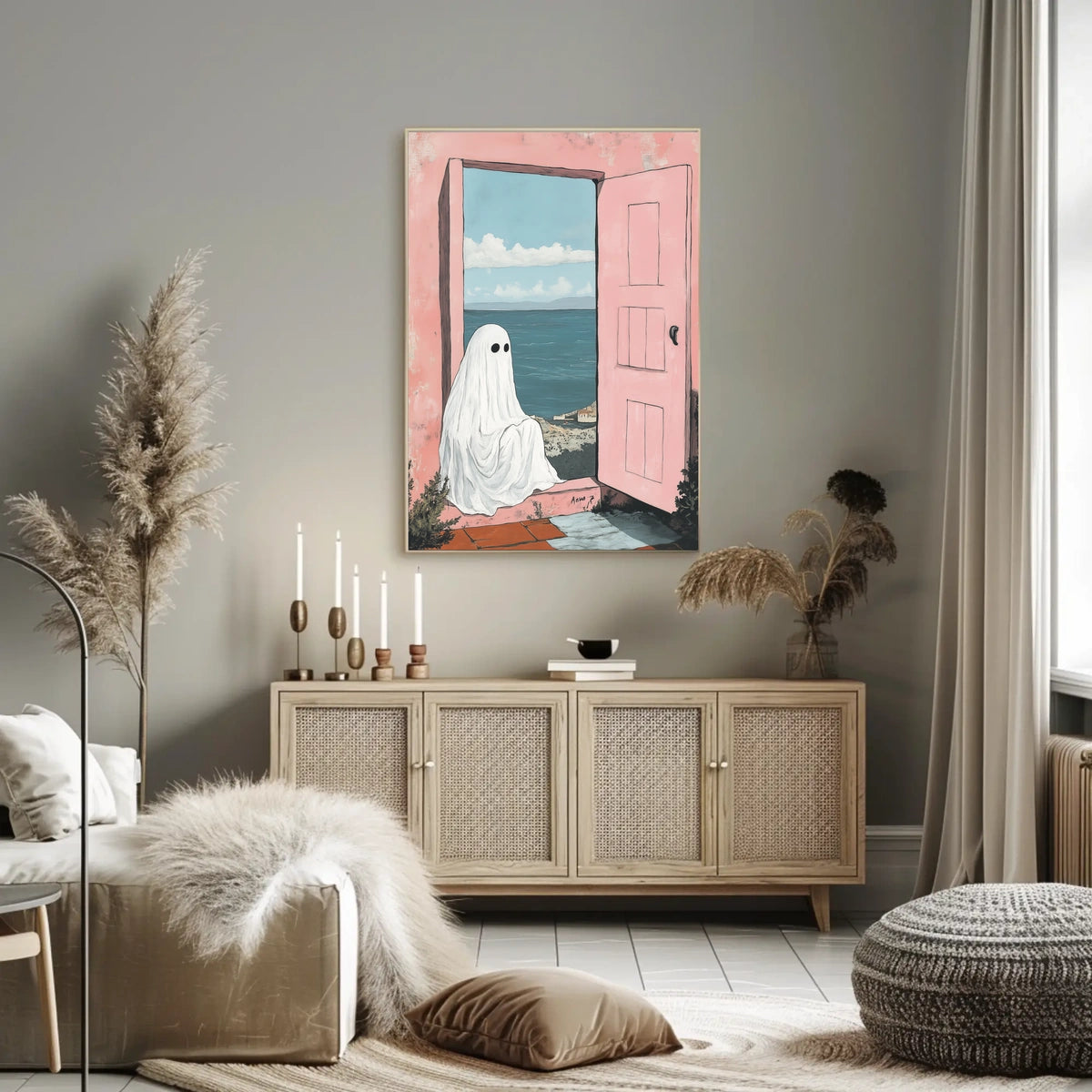 Ghostly Figure Ocean View Whimsical Surreal Pastel Poster