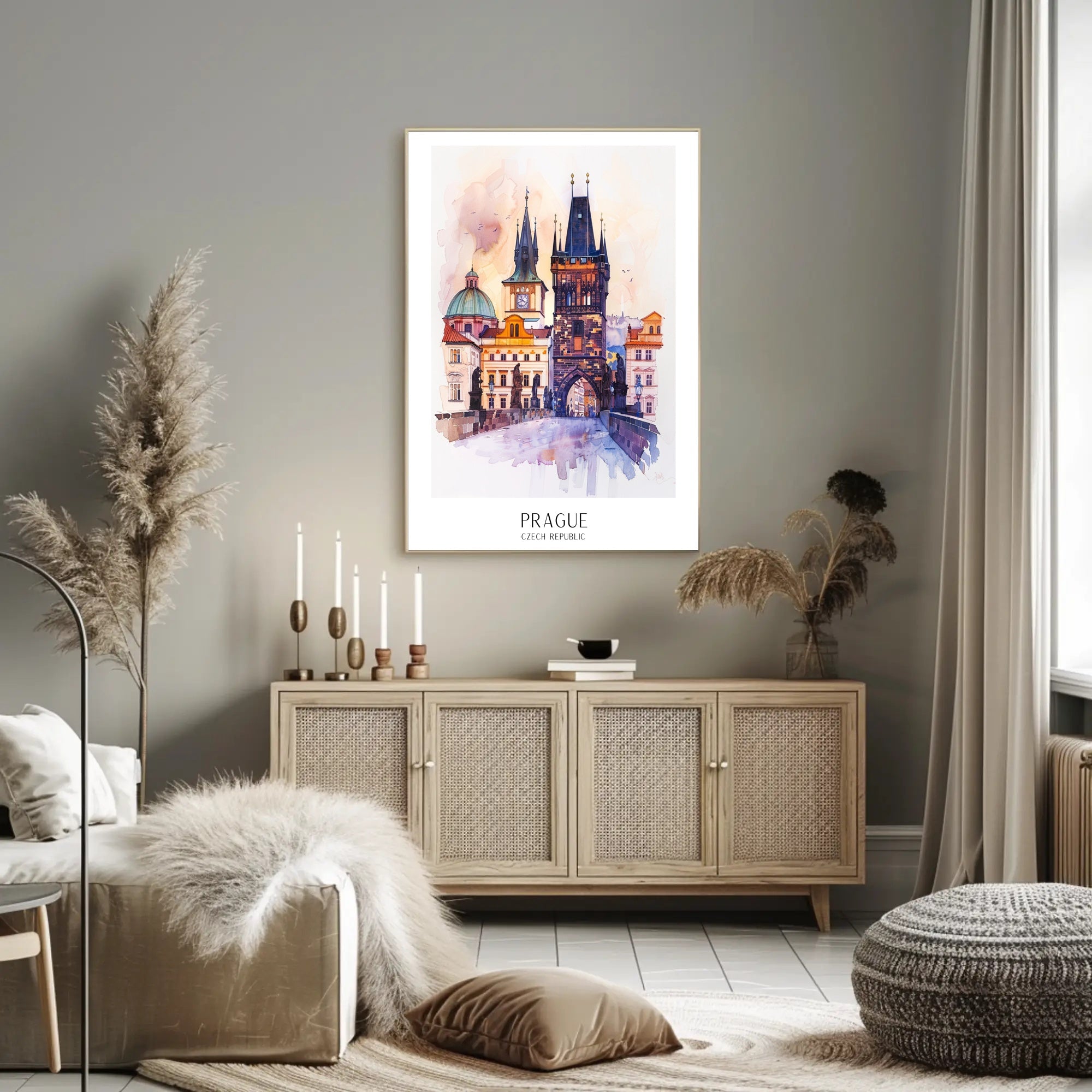 Prague's Charles Bridge Watercolor Urban or Cityscape Poster PosterGoat