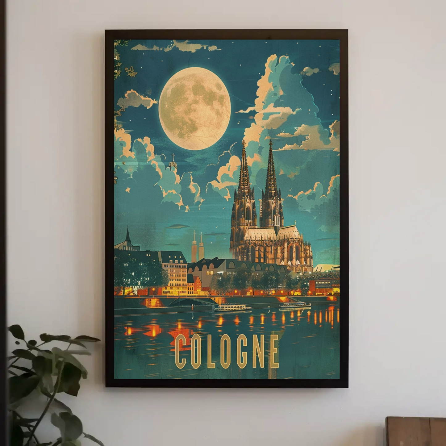 Cologne Cathedral Moonlight River Reflection Travel Poster