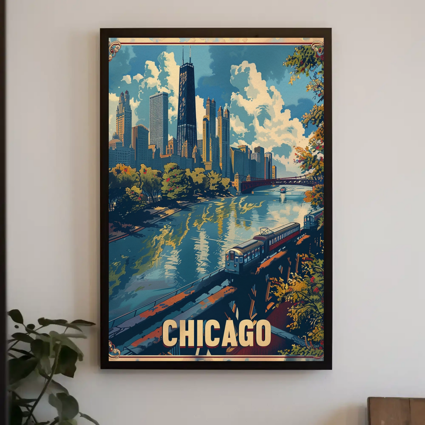 Chicago Train City Buildings Waterfront Skyline Travel Poster