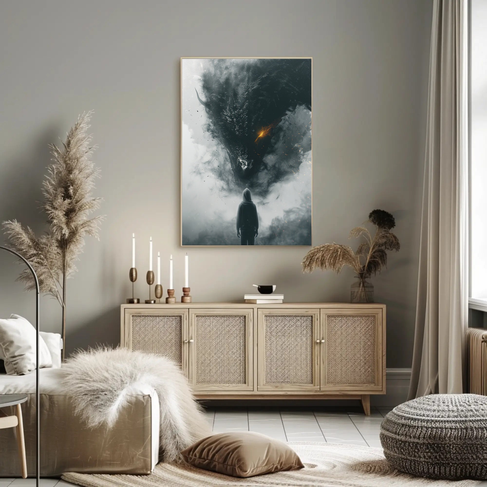 Dragon Confrontation: Dark Fantasy Art Poster PosterGoat