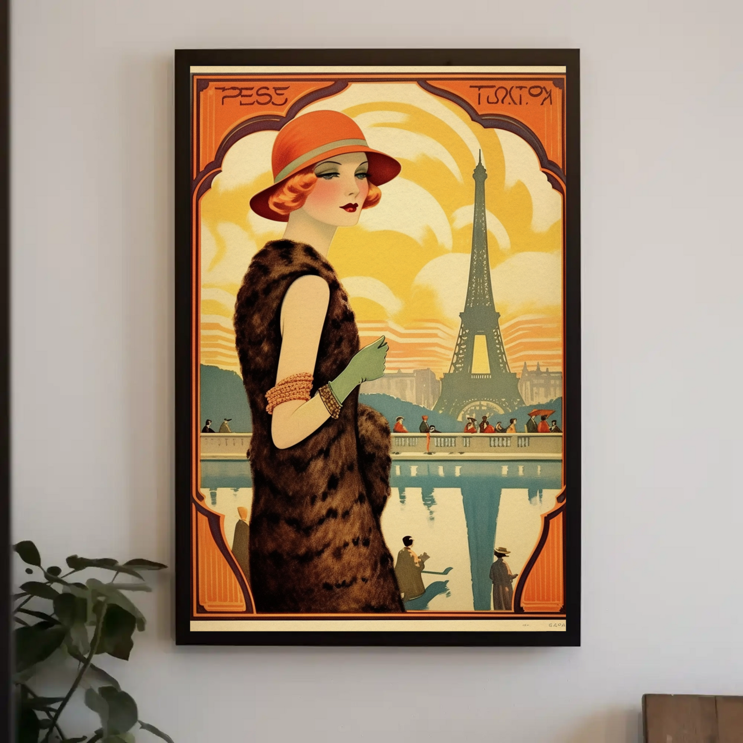 Paris Eiffel Tower Art Deco Lady Fashion Travel Poster