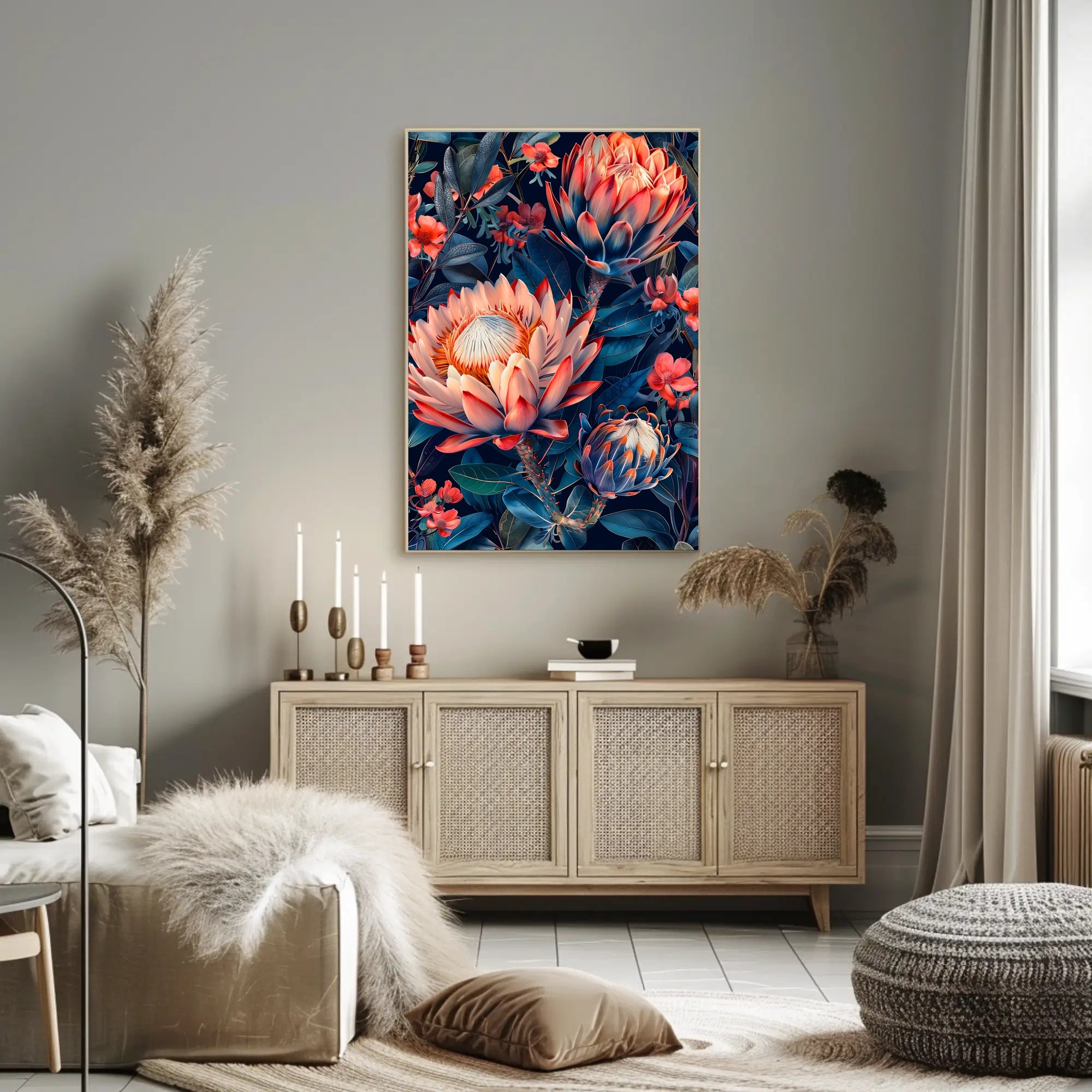 Vibrant Protea Flower Botanical Art Print - Artistic Poster