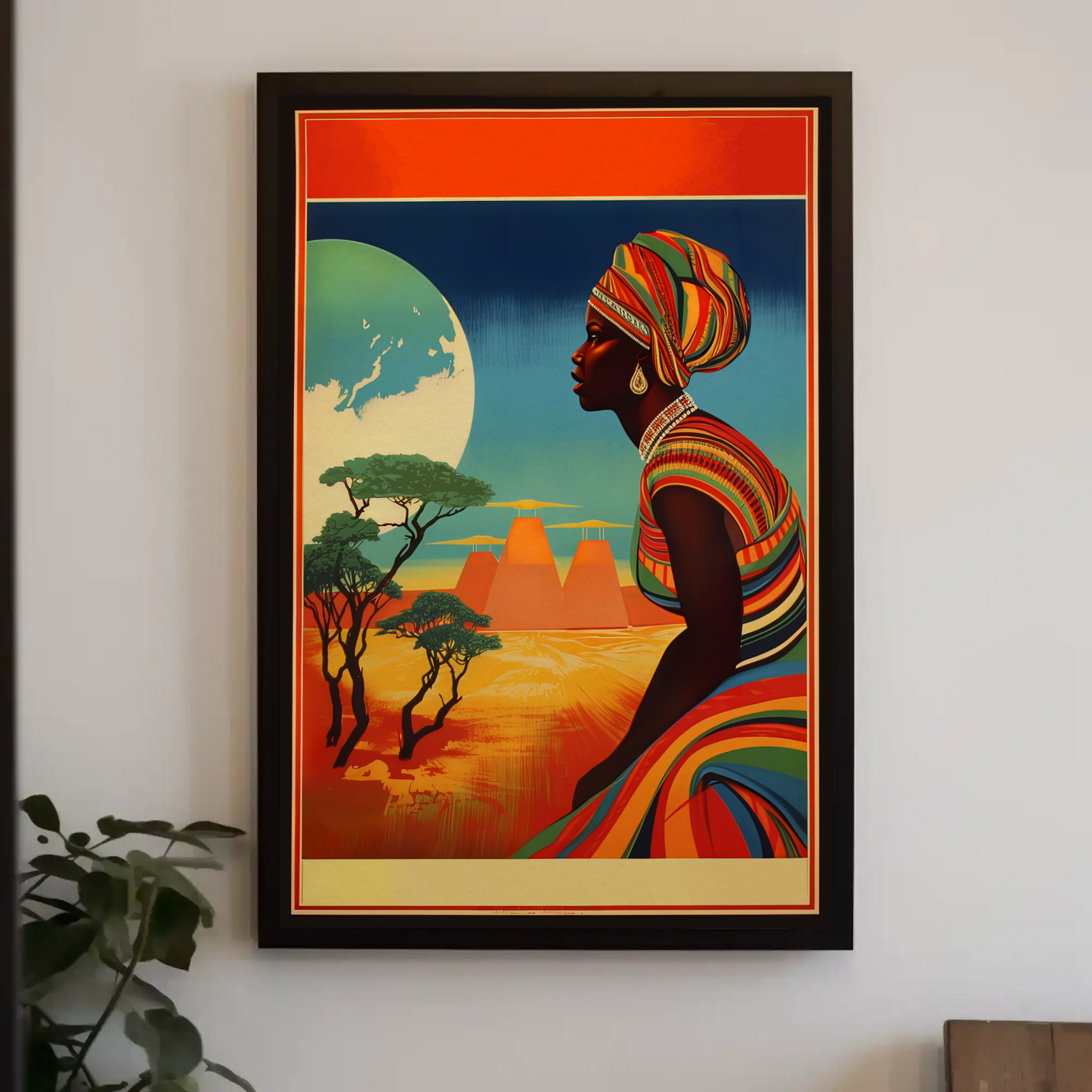 African Woman Desert Moon Landscape Travel Poster