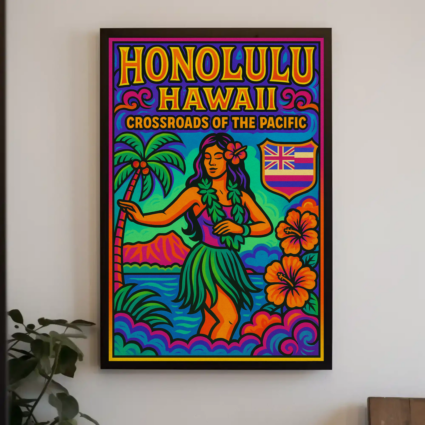 Honolulu Hawaii Pacific Vibrant Dancer Ocean Travel Poster