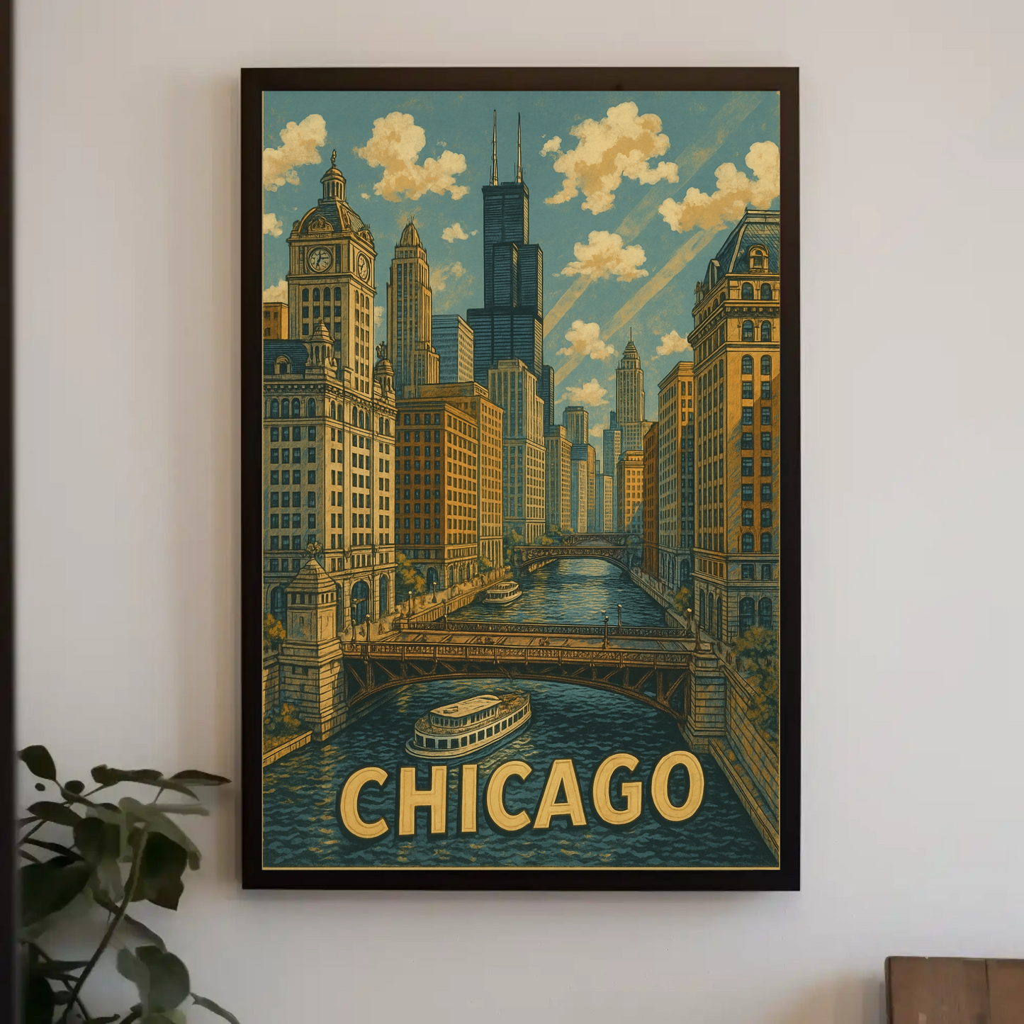 Chicago Willis Tower Bridge River Cityscape Travel Poster